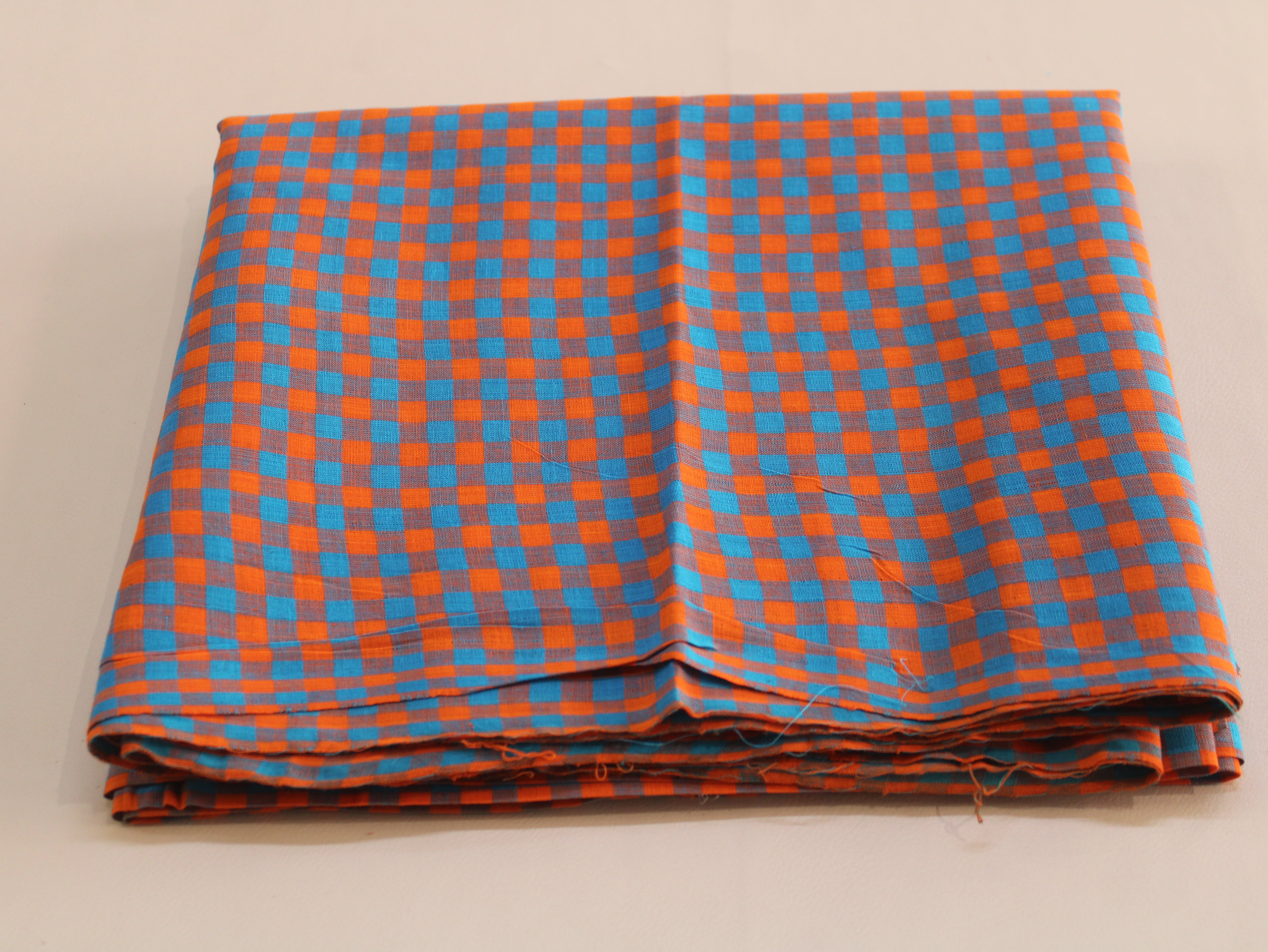 Pure Cotton Handloom Gingham Check Fabric | Blue Orange | 44 Inch | Non-Washed | 100 GSM