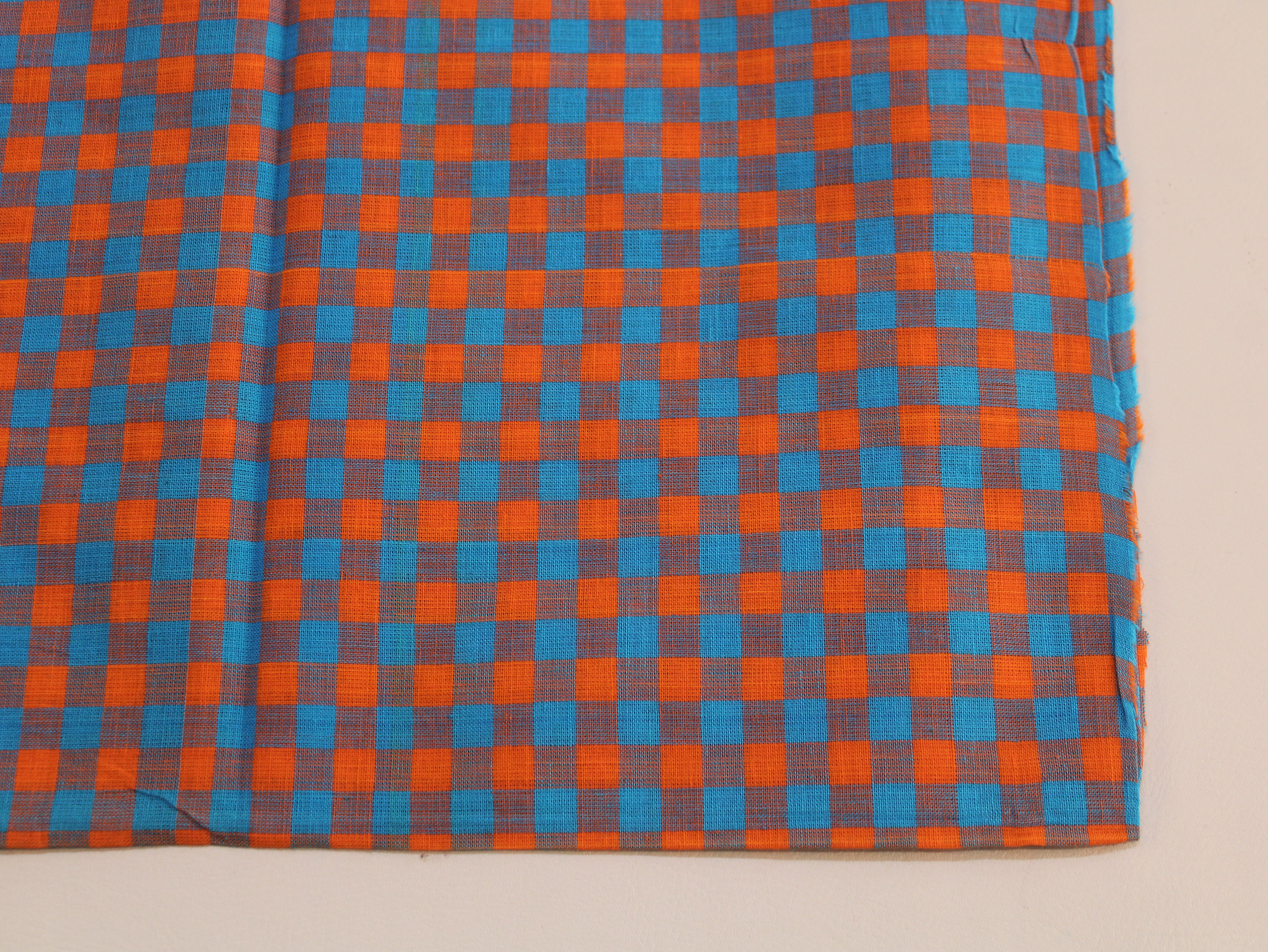 Pure Cotton Handloom Gingham Check Fabric | Blue Orange | 44 Inch | Non-Washed | 100 GSM