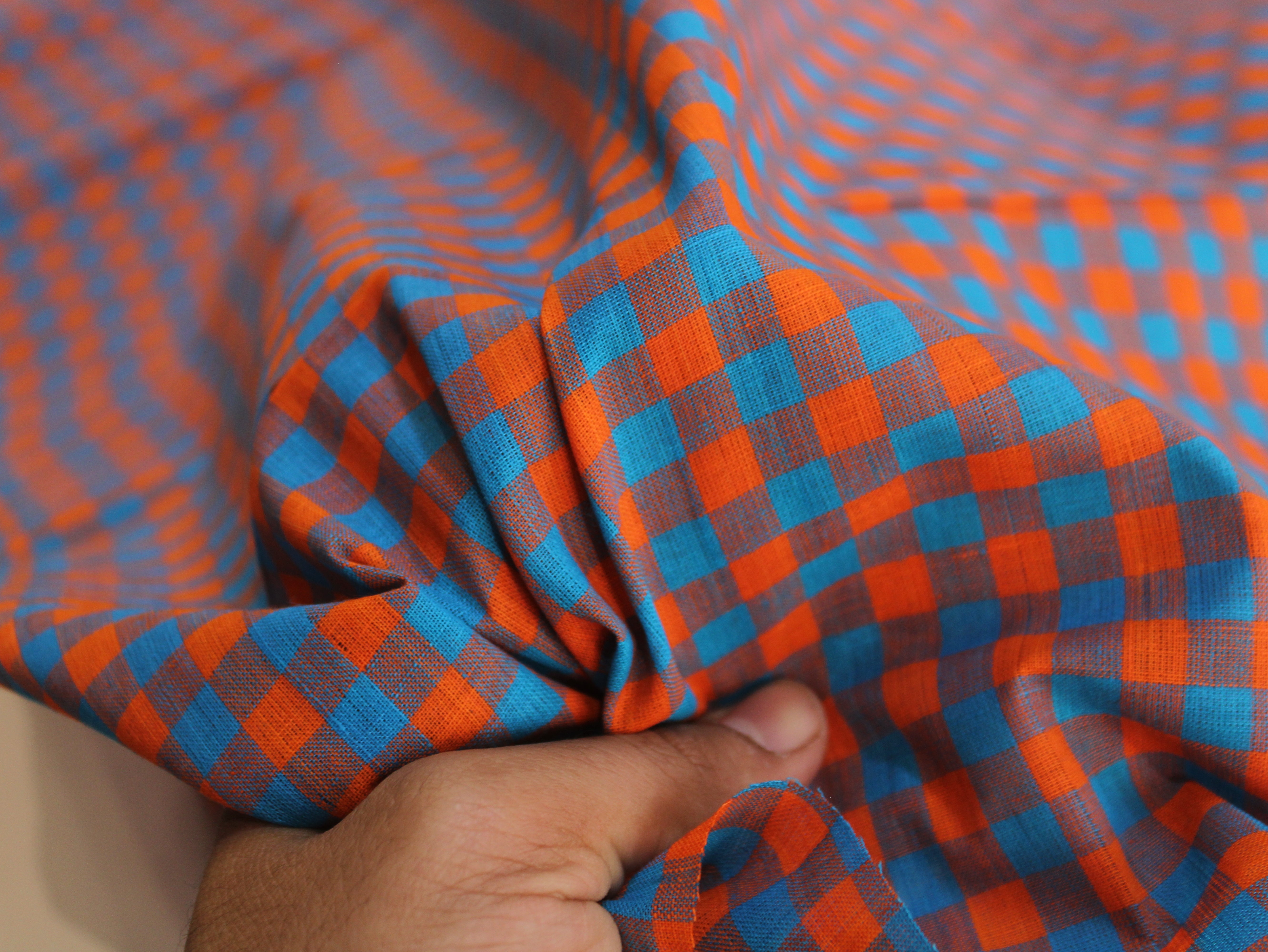 Pure Cotton Handloom Gingham Check Fabric | Blue Orange | 44 Inch | Non-Washed | 100 GSM