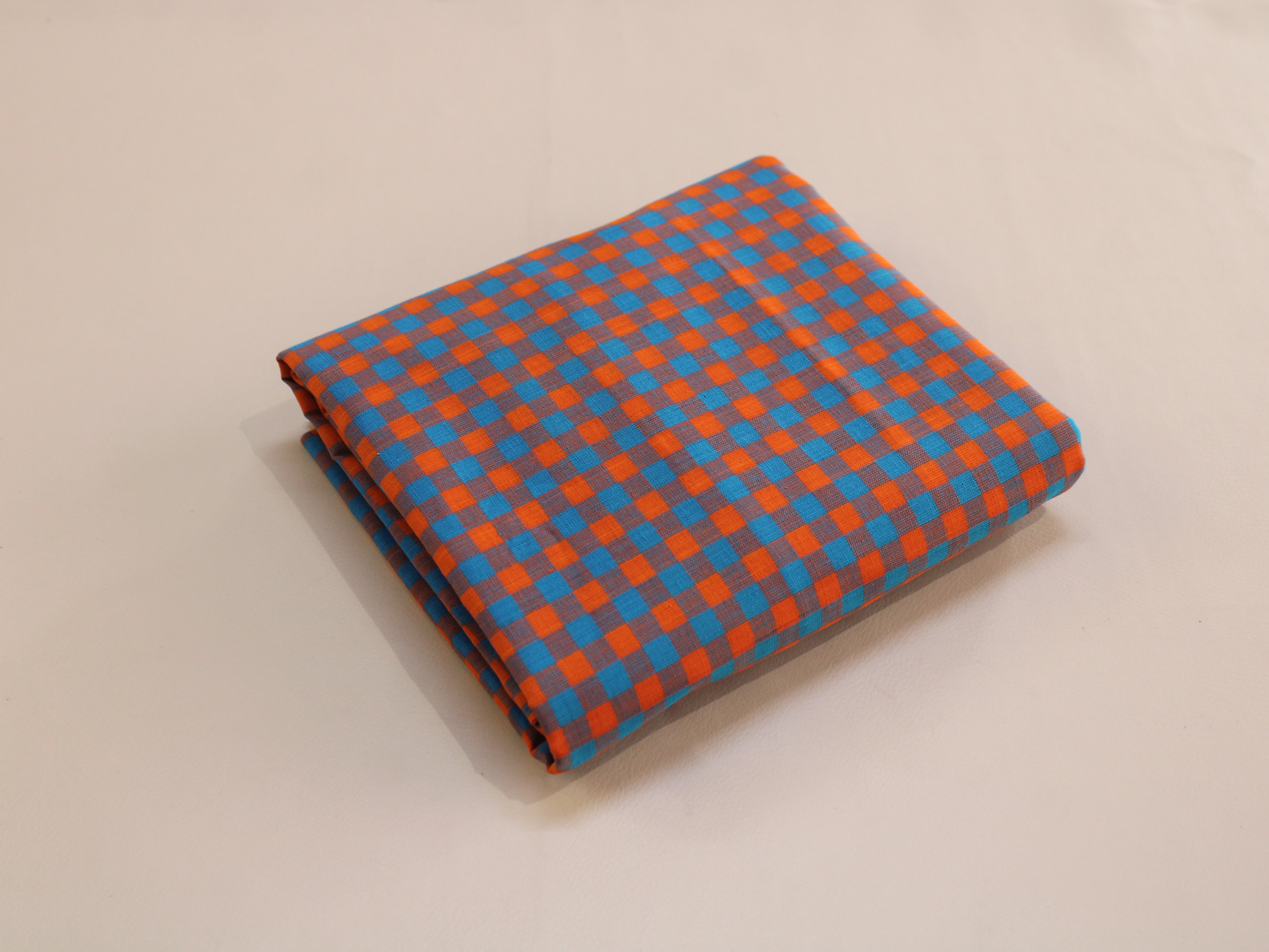Pure Cotton Handloom Gingham Check Fabric | Blue Orange | 44 Inch | Non-Washed | 100 GSM