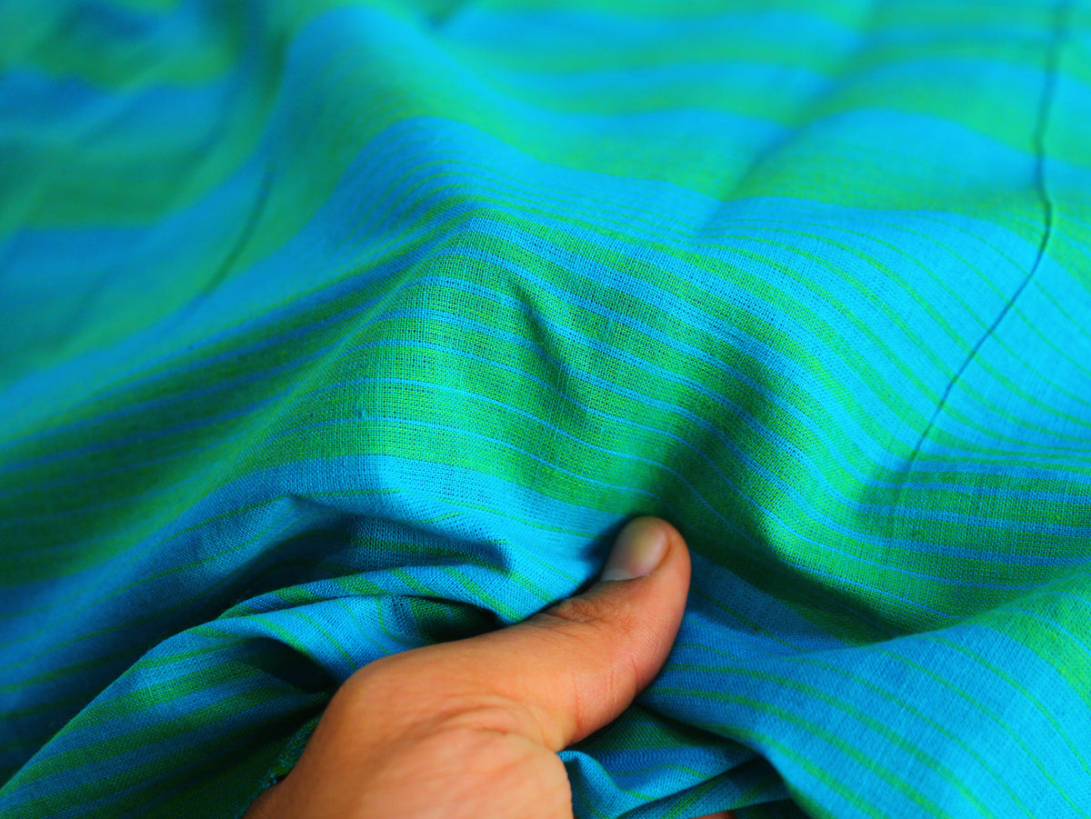 Pure Cotton Yarn-Dyed Handloom Stripe Fabric | Blue Green | 44 Inch | Non-Washed | 80 GSM