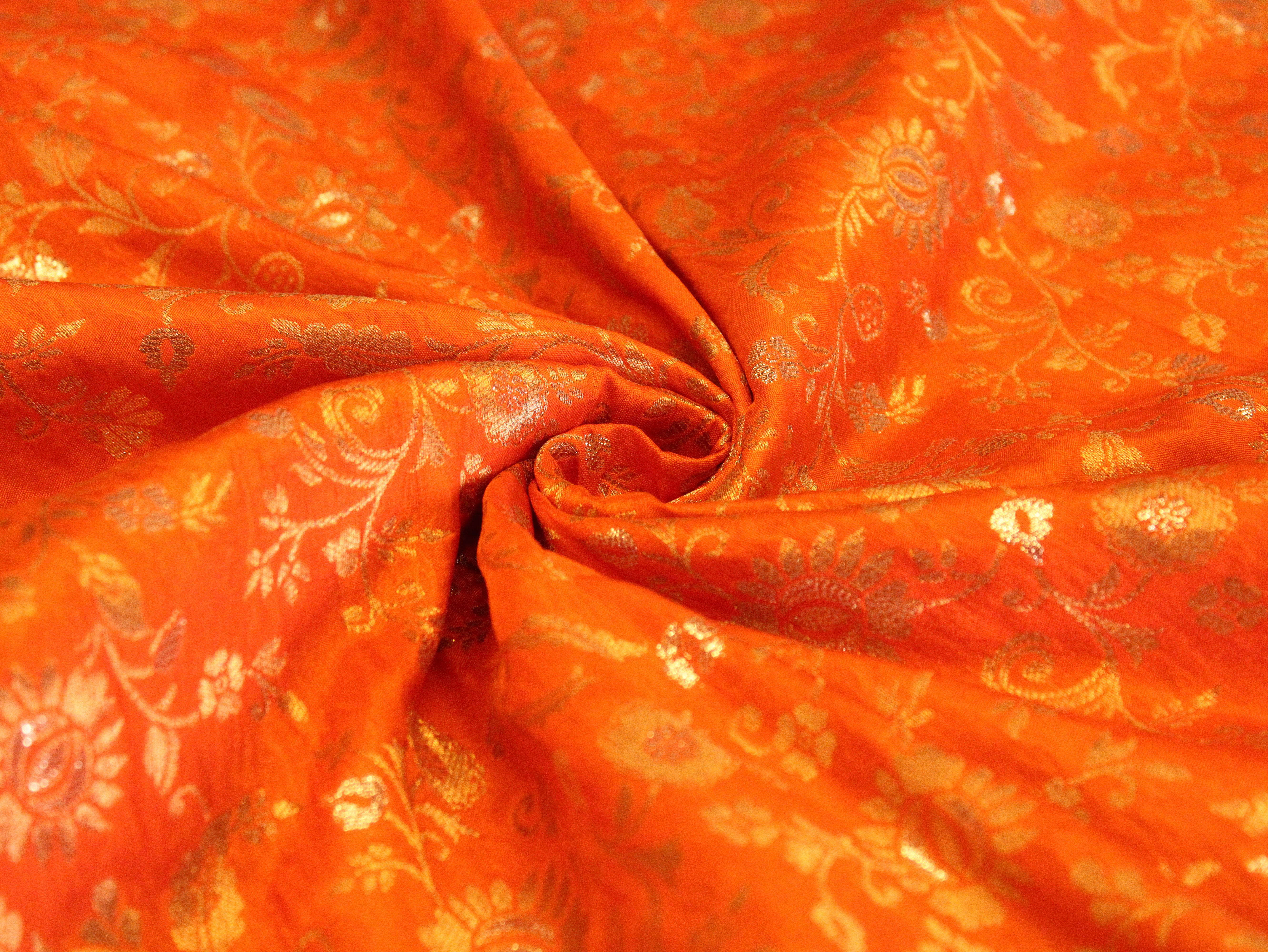 Banarasi Floral Brocade Fabric - Orange