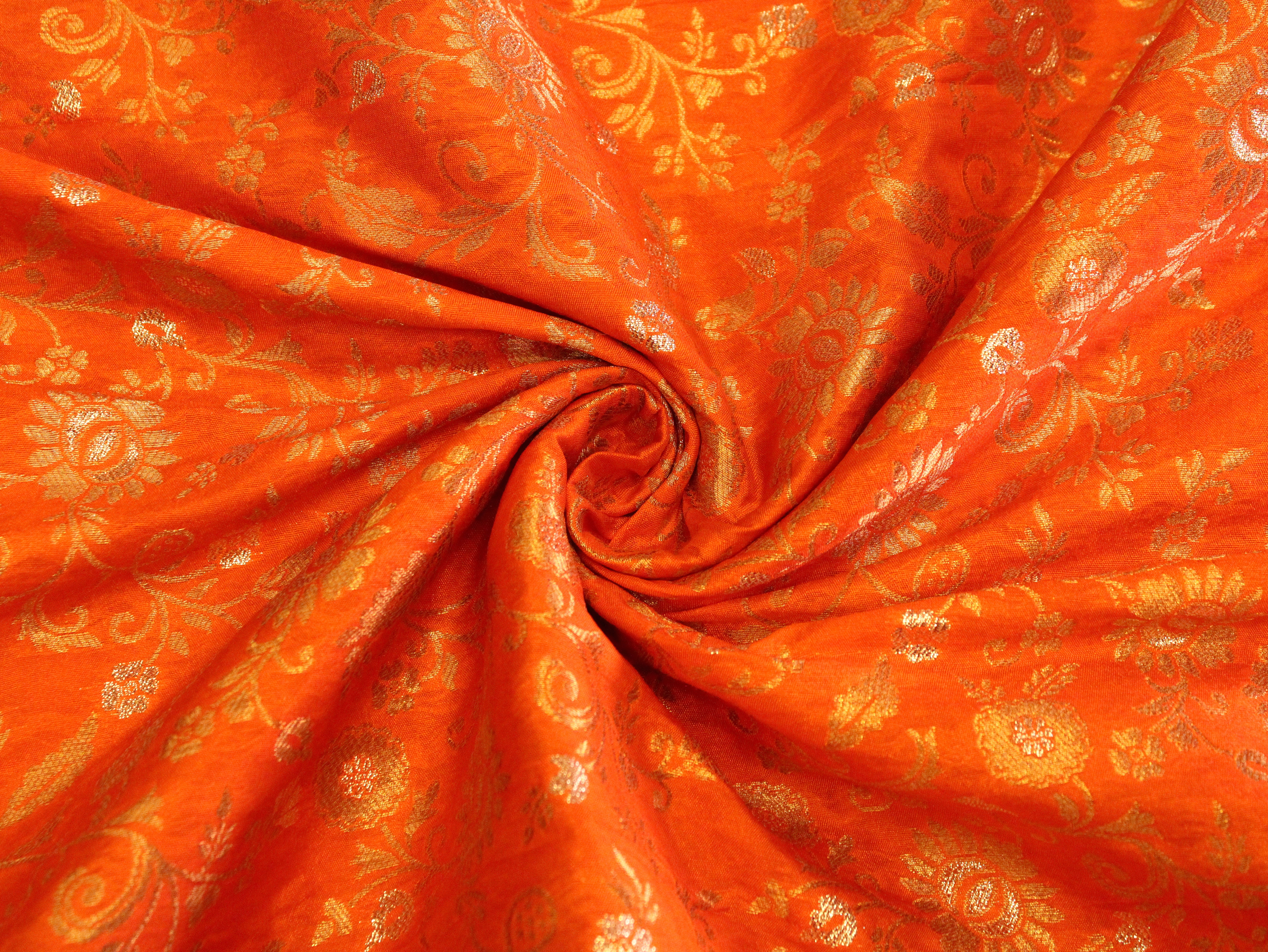 Banarasi Floral Brocade Fabric - Orange