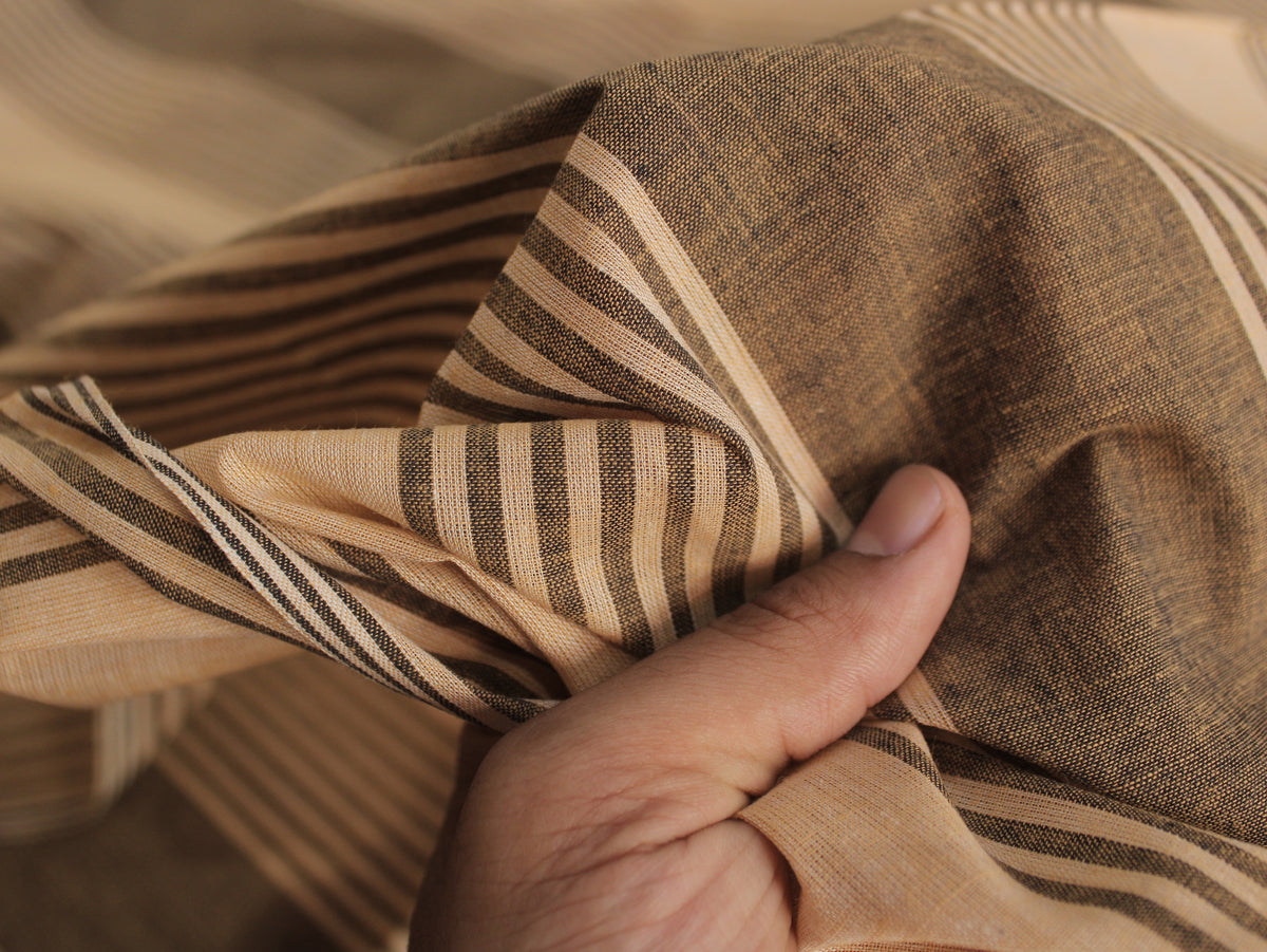 Pure Cotton Yarn-Dyed Handloom Stripe Fabric | Cream Brown | 44 Inch | Non-Washed | 80 GSM