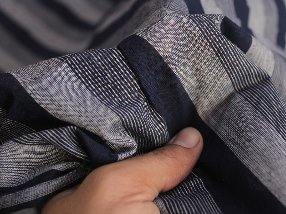 Pure Cotton Yarn-Dyed Handloom Stripe Fabric | Navy Blue Grey | 44 Inch | Non-Washed | 80 GSM