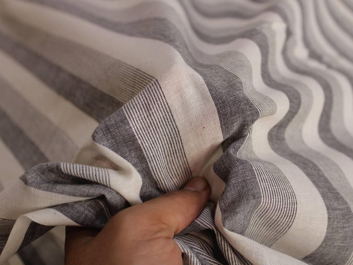 Pure Cotton Yarn-Dyed Handloom Stripe Fabric | White Grey | 44 Inch | Non-Washed | 80 GSM