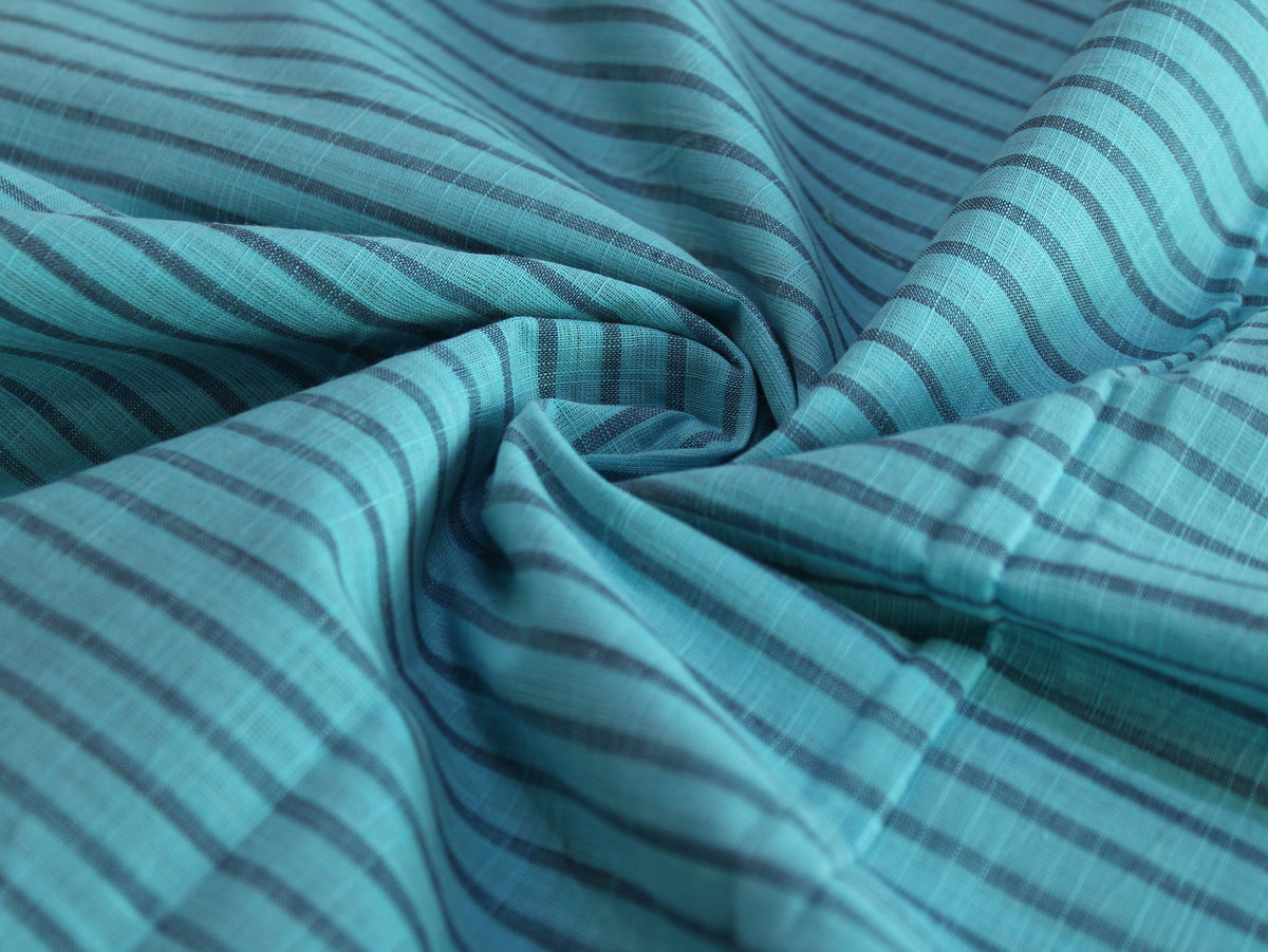 Pure Cotton Yarn-Dyed Handloom Fine Stripe Fabric | Aqua Blue Navy | 44 Inch | Non-Washed | 80 GSM