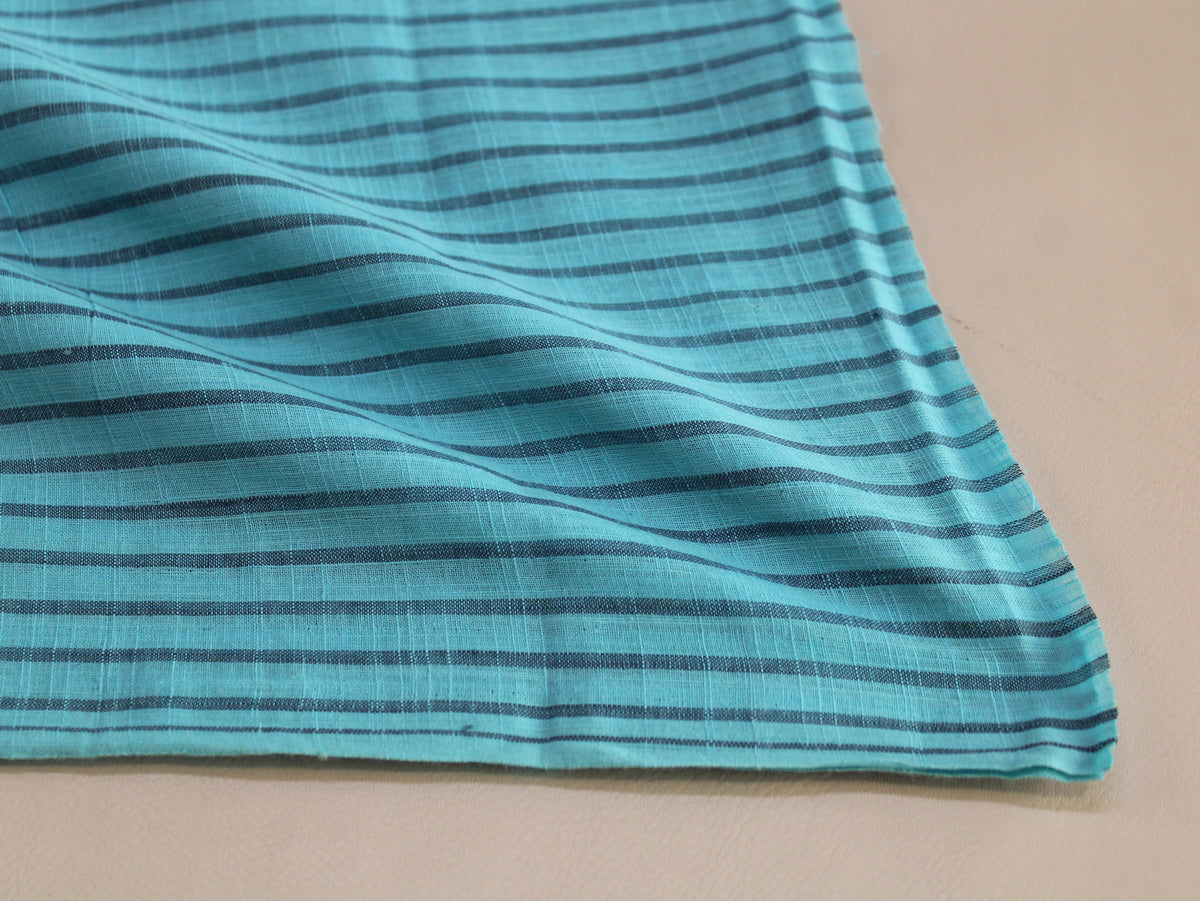 Pure Cotton Yarn-Dyed Handloom Fine Stripe Fabric | Aqua Blue Navy | 44 Inch | Non-Washed | 80 GSM