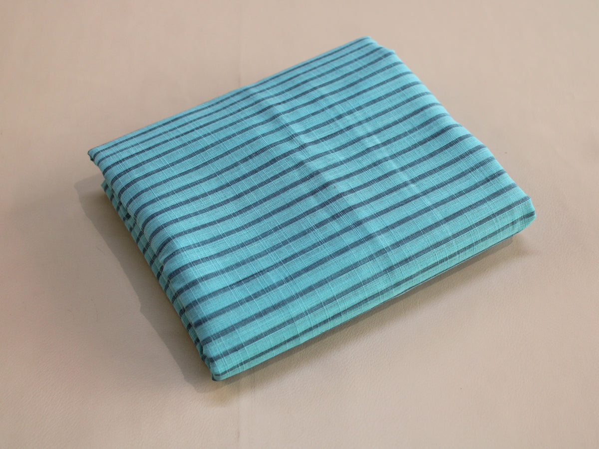 Pure Cotton Yarn-Dyed Handloom Fine Stripe Fabric | Aqua Blue Navy | 44 Inch | Non-Washed | 80 GSM