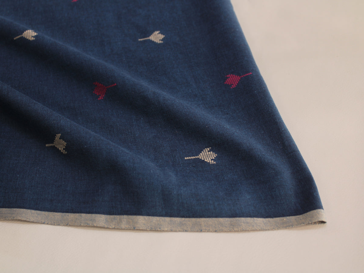 Cotton Handloom Jamdani Jacquard Fabric | Navy Blue Pink White | 44 Inch | Washed Zero Finish | 80 GSM