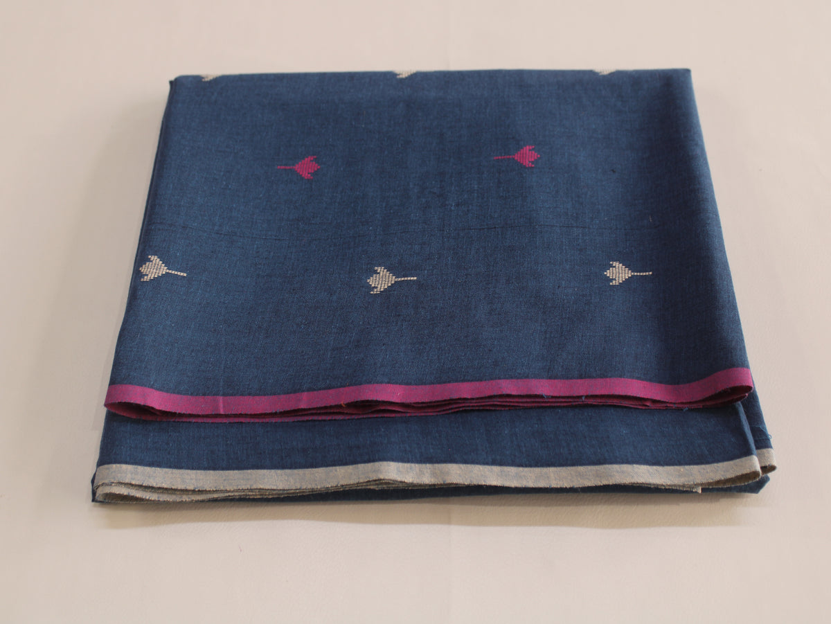 Cotton Handloom Jamdani Jacquard Fabric | Navy Blue Pink White | 44 Inch | Washed Zero Finish | 80 GSM