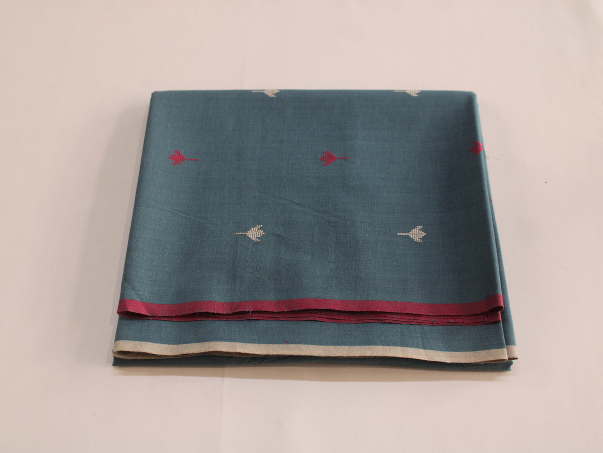 Cotton Handloom Jamdani Jacquard Fabric | Teal Red White | 44 Inch | Washed Zero Finish | 80 GSM