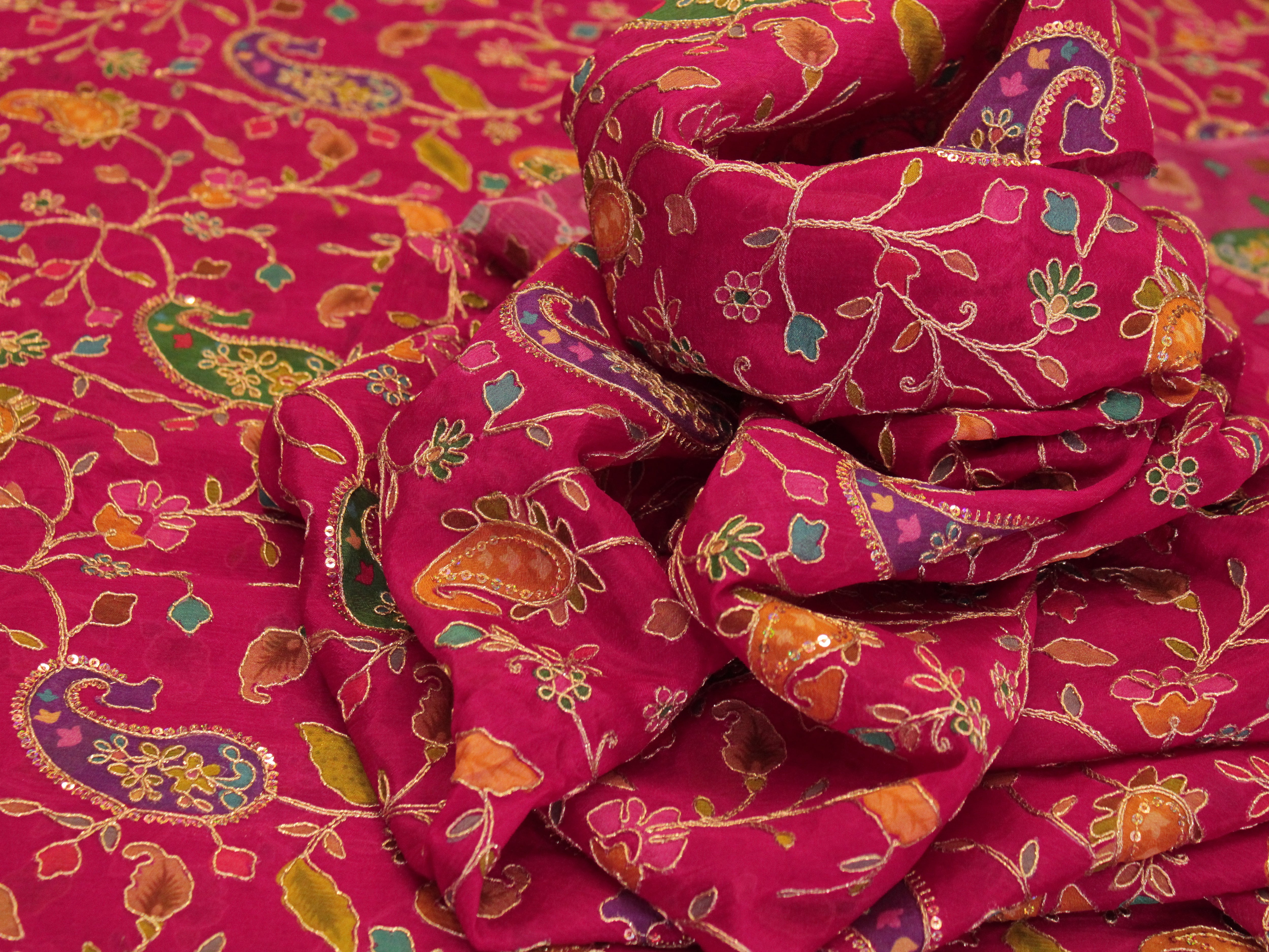 Georgette Delight : Lucknawi Thread Work Fabric - Green