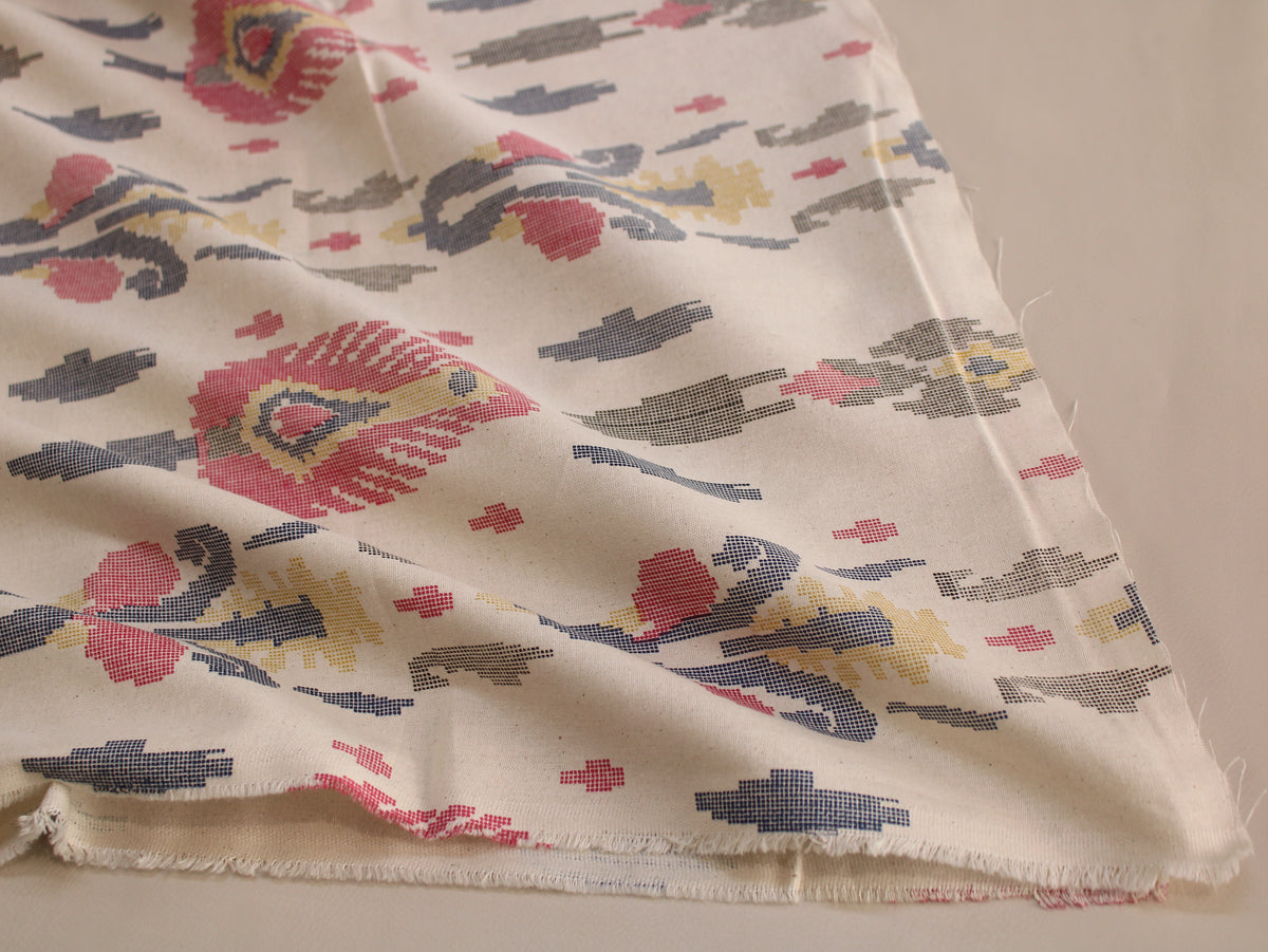 Pure Cotton Flex Uzbek Ikat Print Fabric | Cream Multicolour | 44 Inch