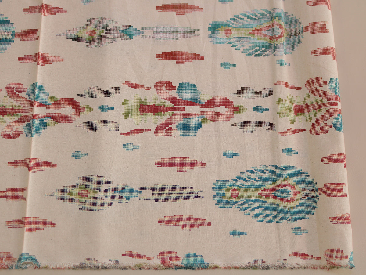 Pure Cotton Flex Uzbek Ikat Print Fabric | Cream Multicolour | 44 Inch
