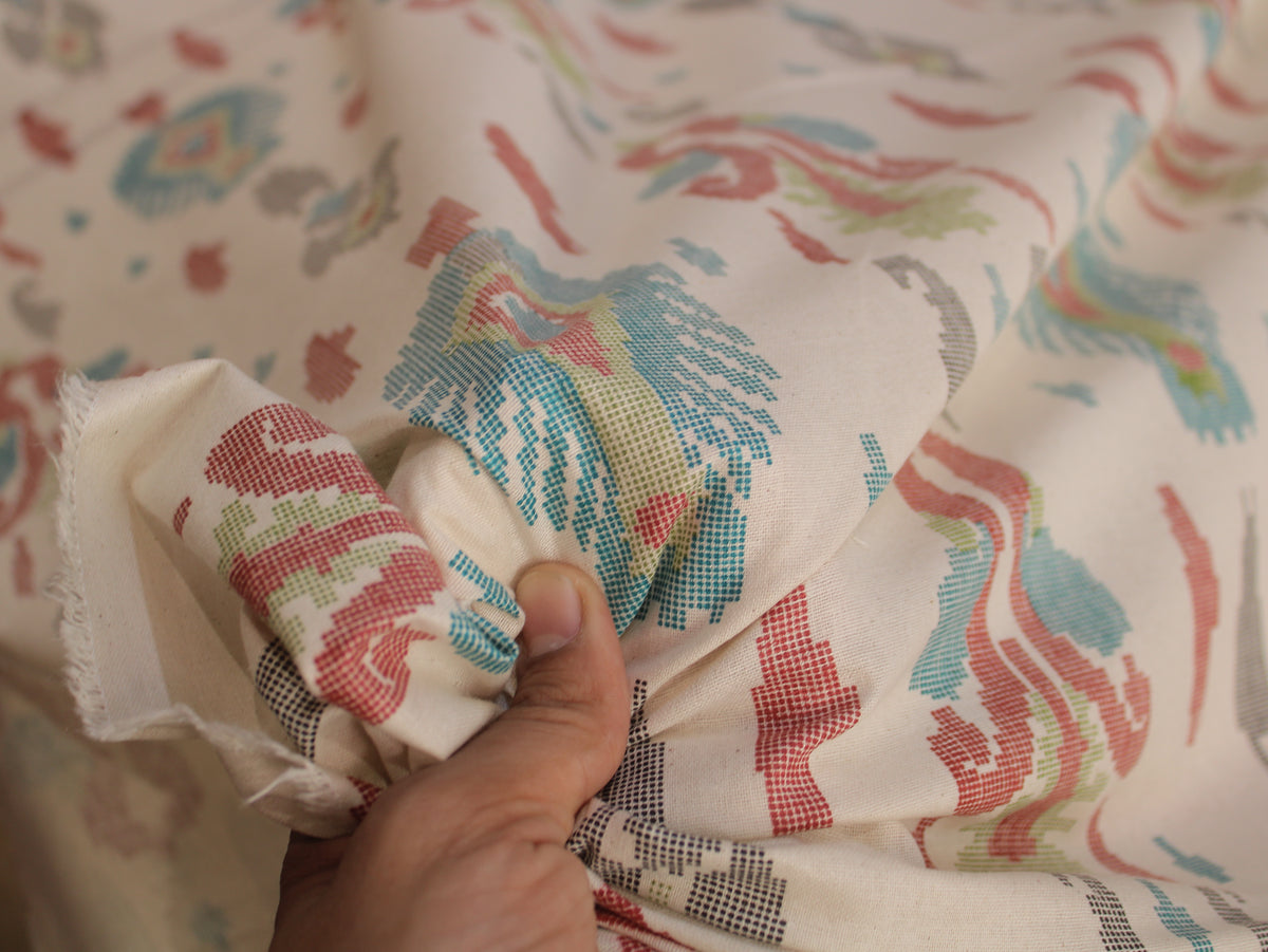 Pure Cotton Flex Uzbek Ikat Print Fabric | Cream Multicolour | 44 Inch