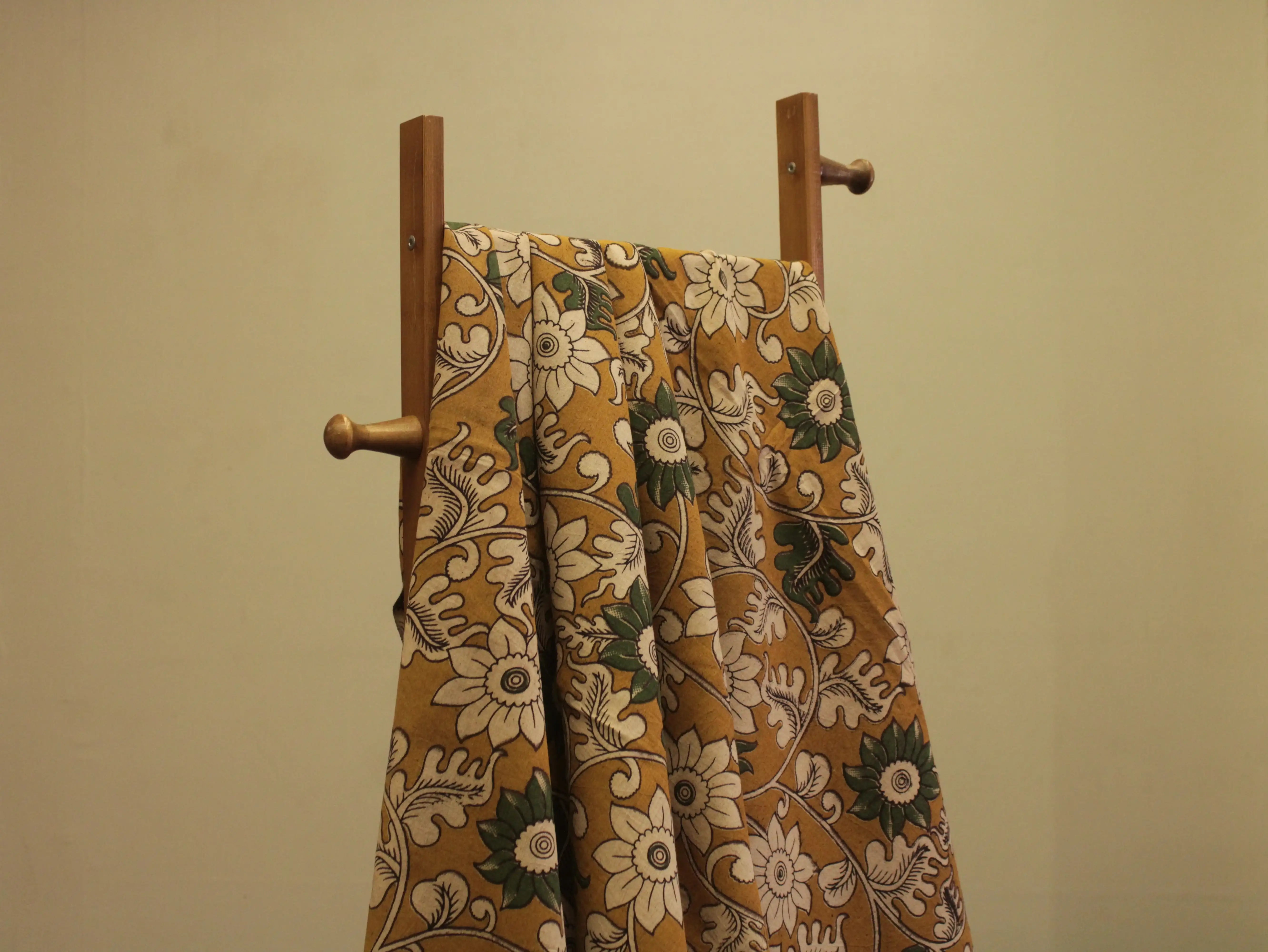 Premium Cotton Kalamkari Hand Block Print Fabric - Mustard