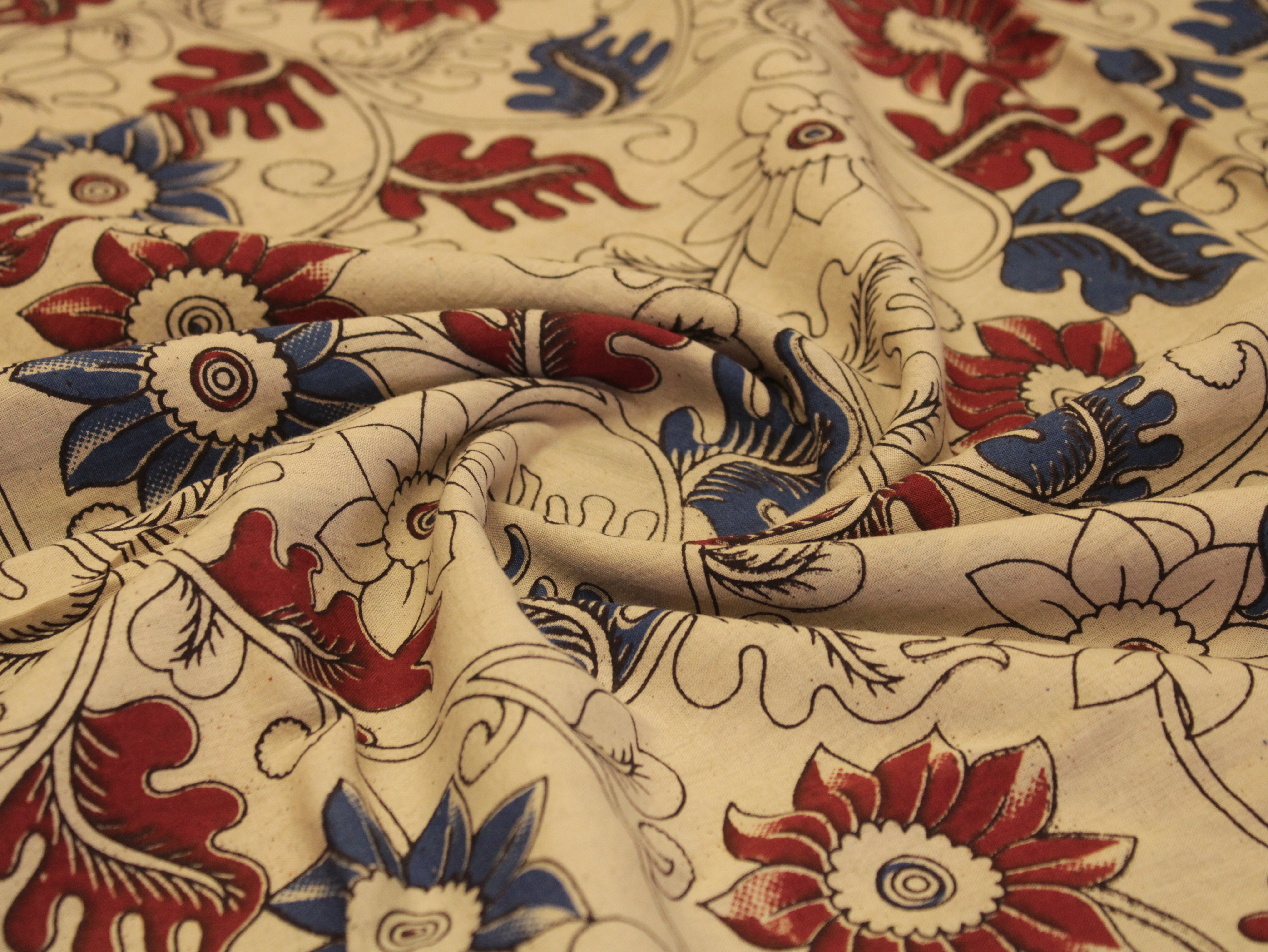 Premium Cotton Kalamkari Hand Block Print Fabric - Beige