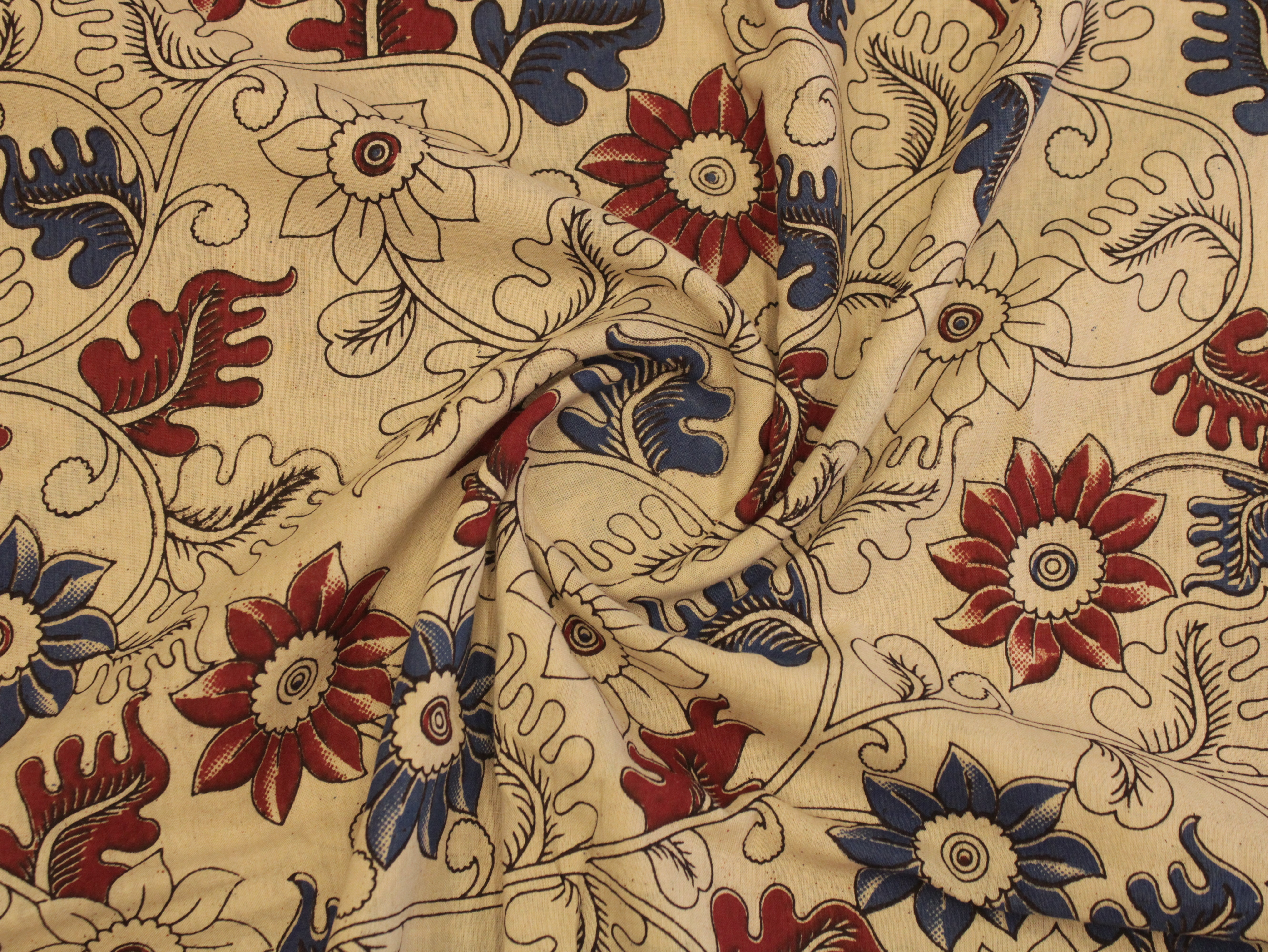 Premium Cotton Kalamkari Hand Block Print Fabric - Beige