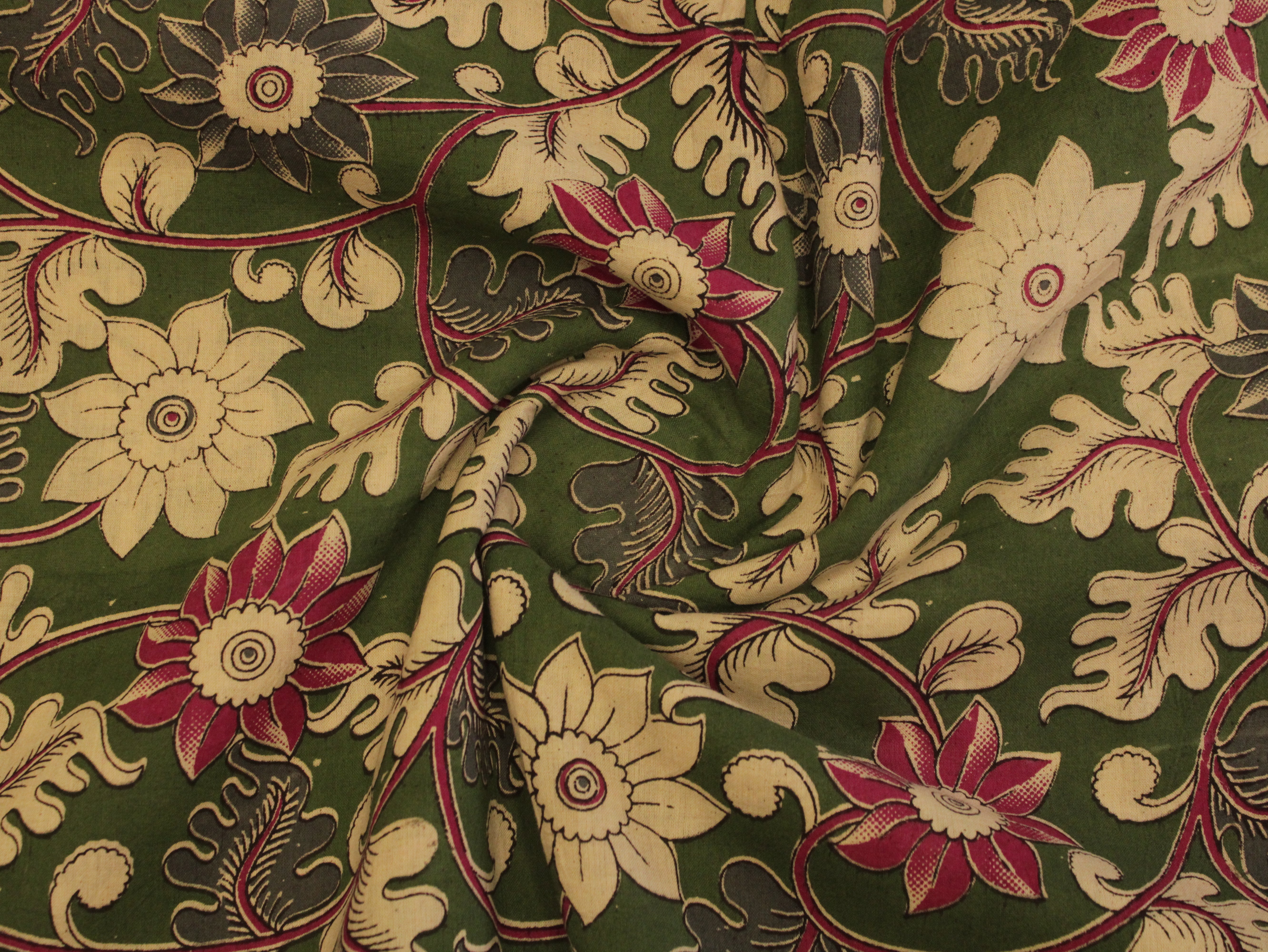 Premium Cotton Kalamkari Hand Block Print Fabric - Green