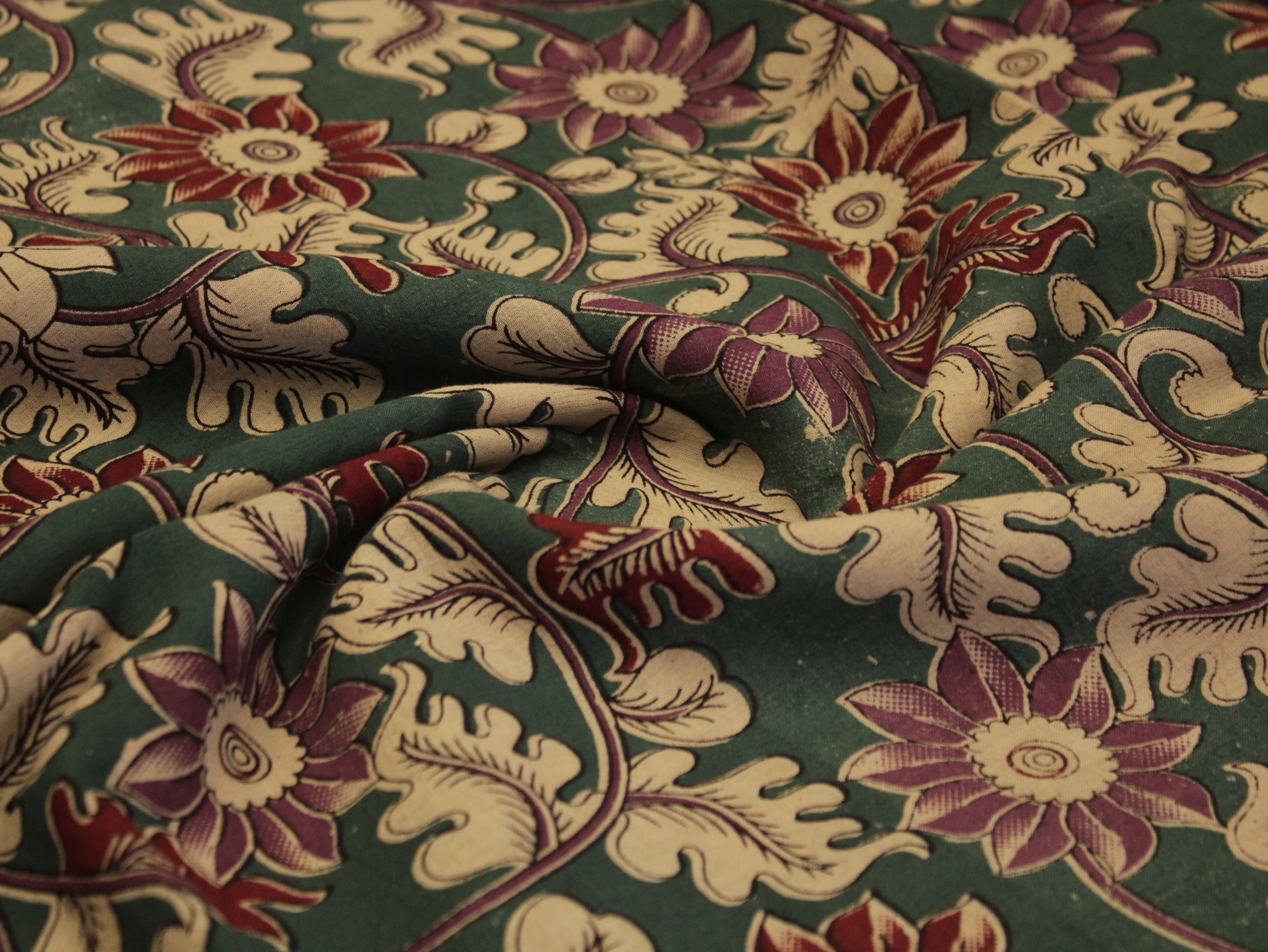 Premium Cotton Kalamkari Hand Block Print Fabric - Rama Green