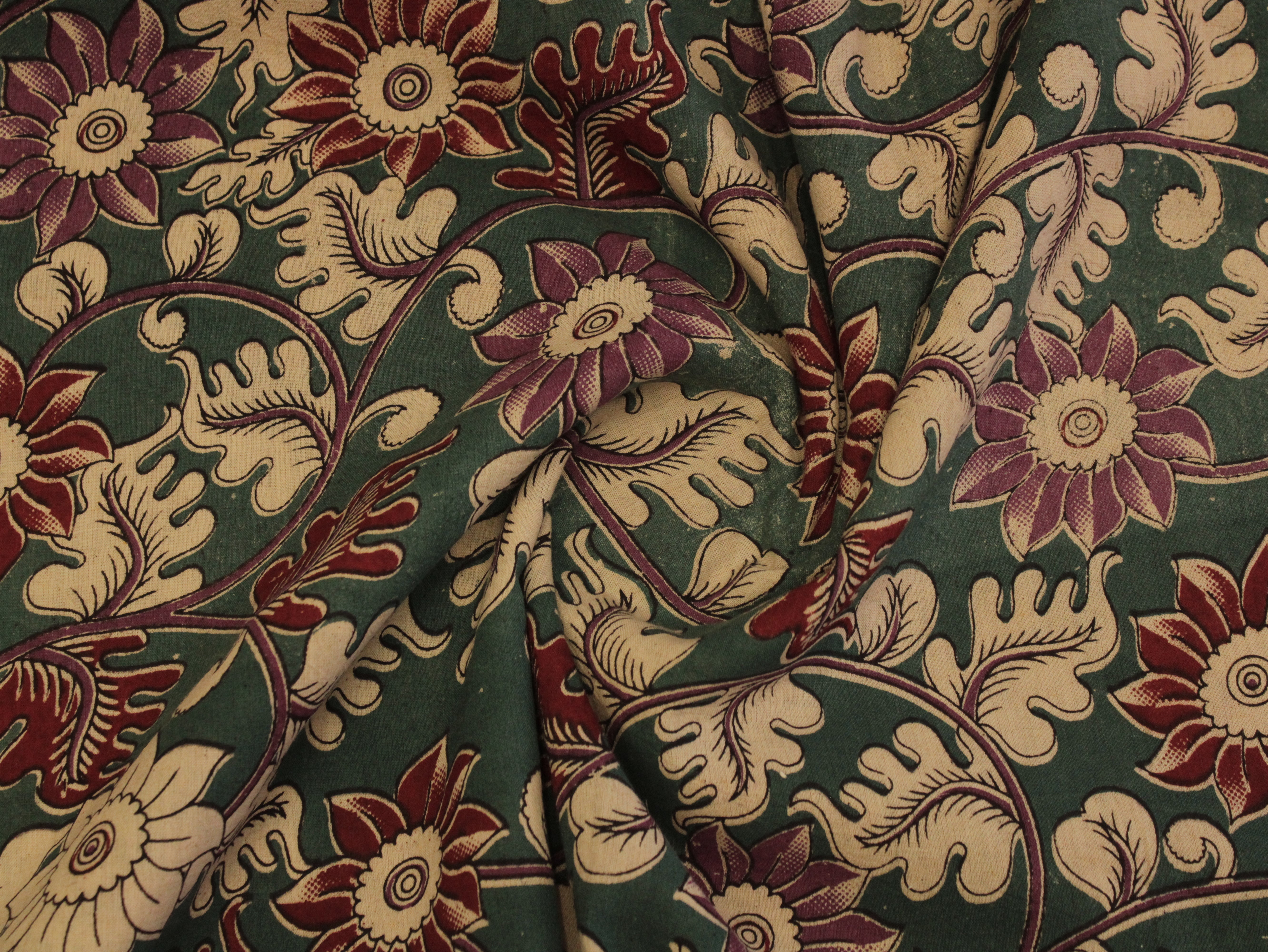 Premium Cotton Kalamkari Hand Block Print Fabric - Rama Green