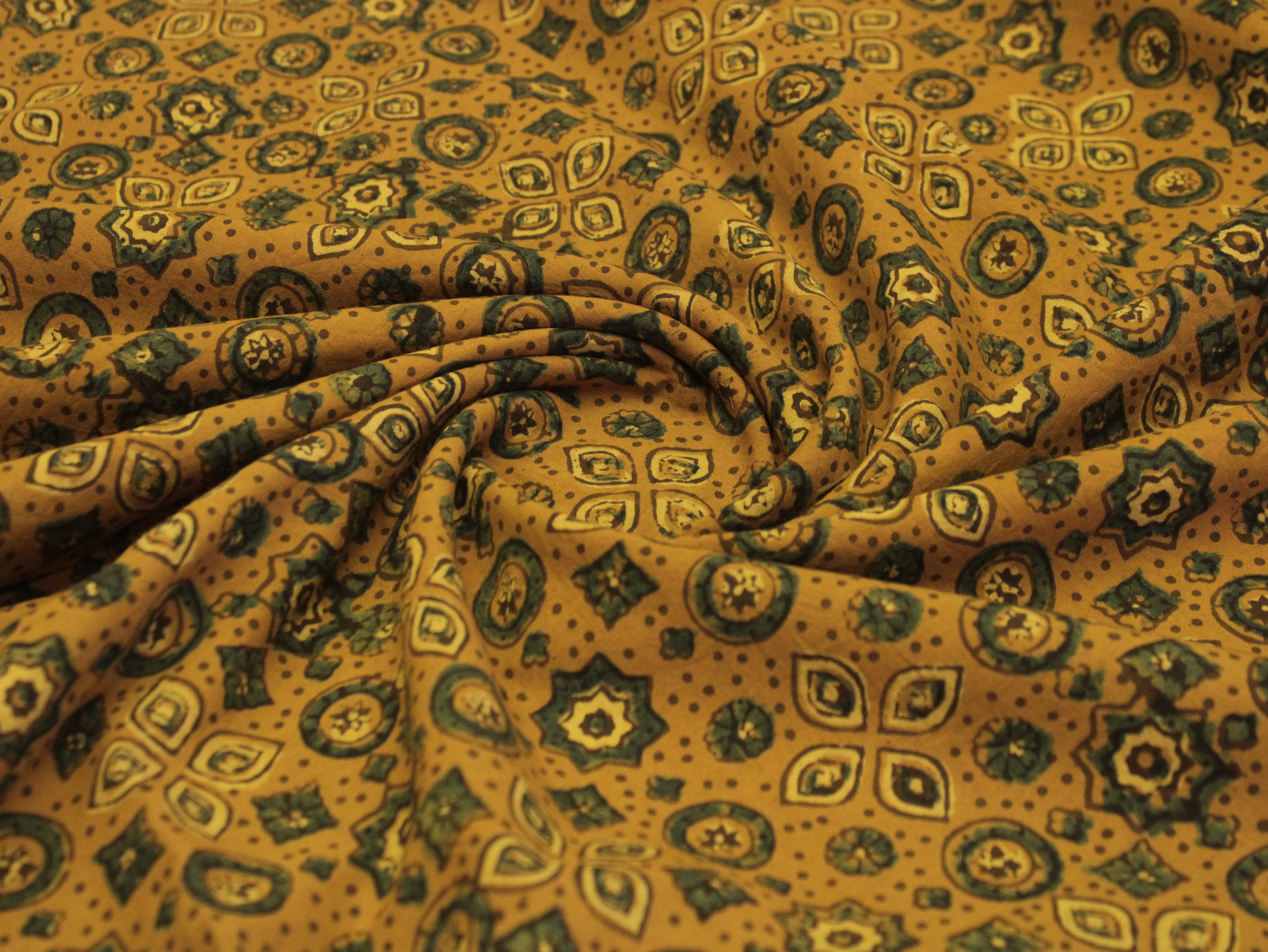 Premium Cotton Ajrakh Hand Block Print Fabric - Mustard