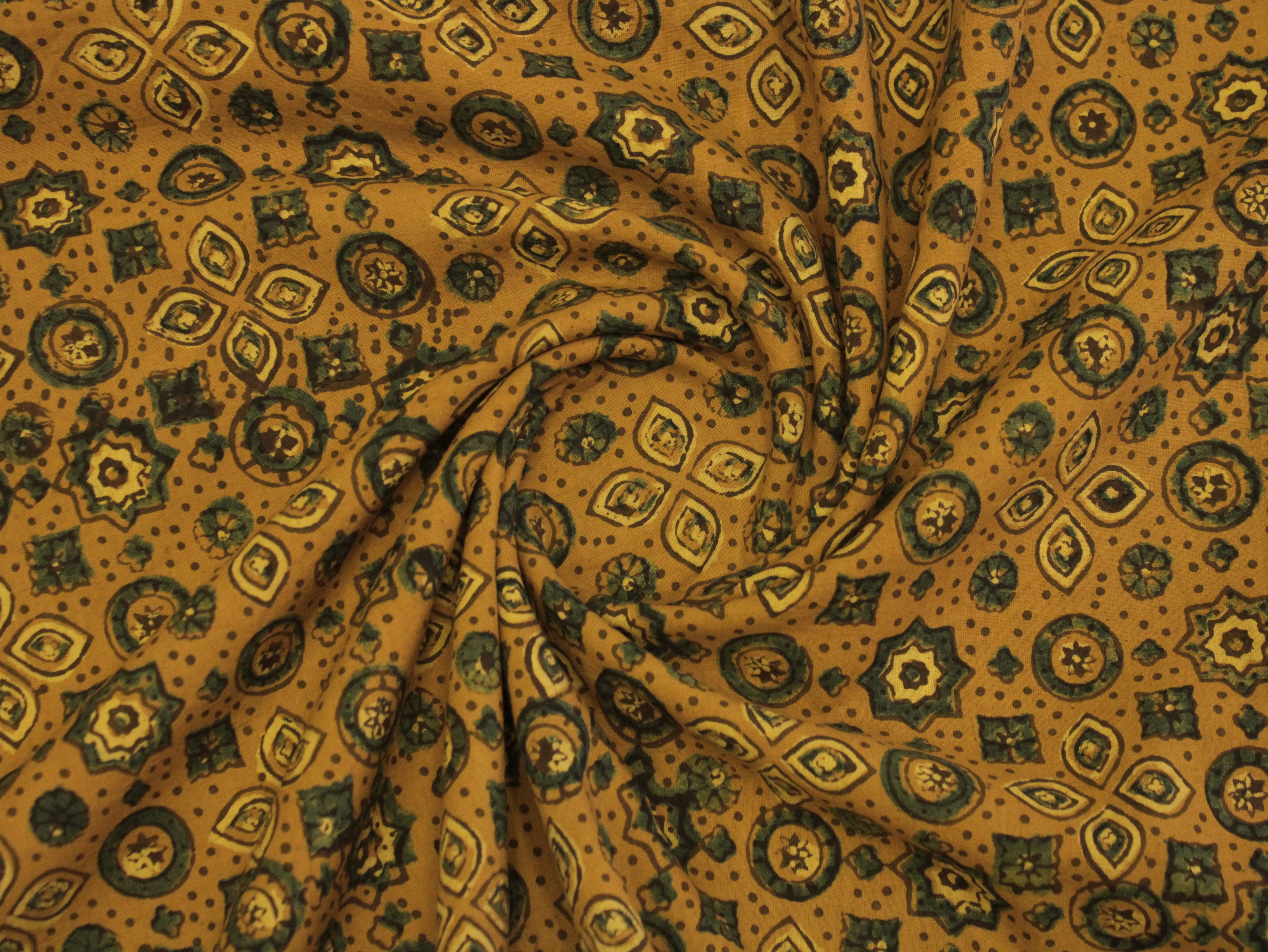 Premium Cotton Ajrakh Hand Block Print Fabric - Mustard