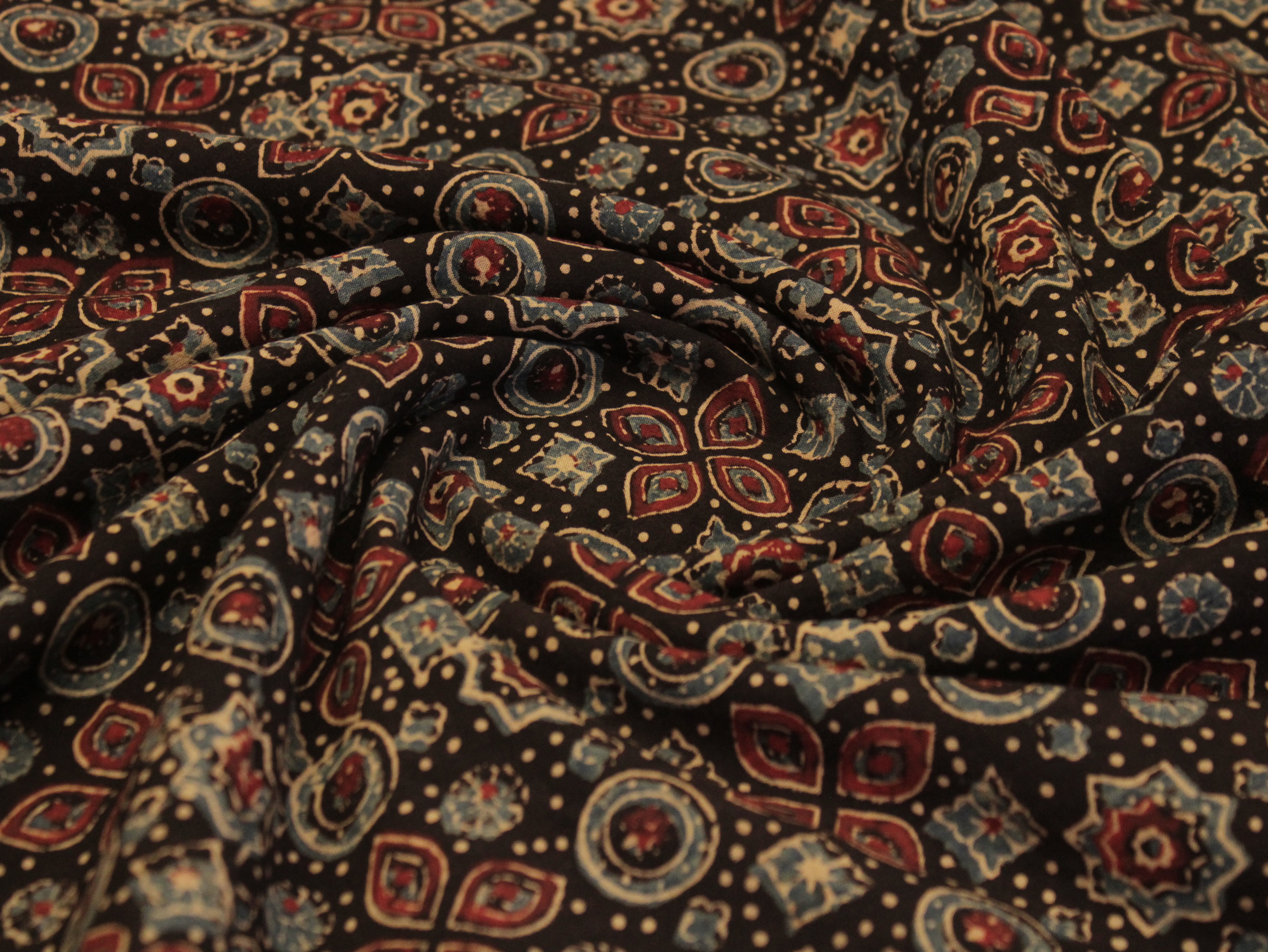 Premium Cotton Ajrakh Hand Block Print Fabric - Black