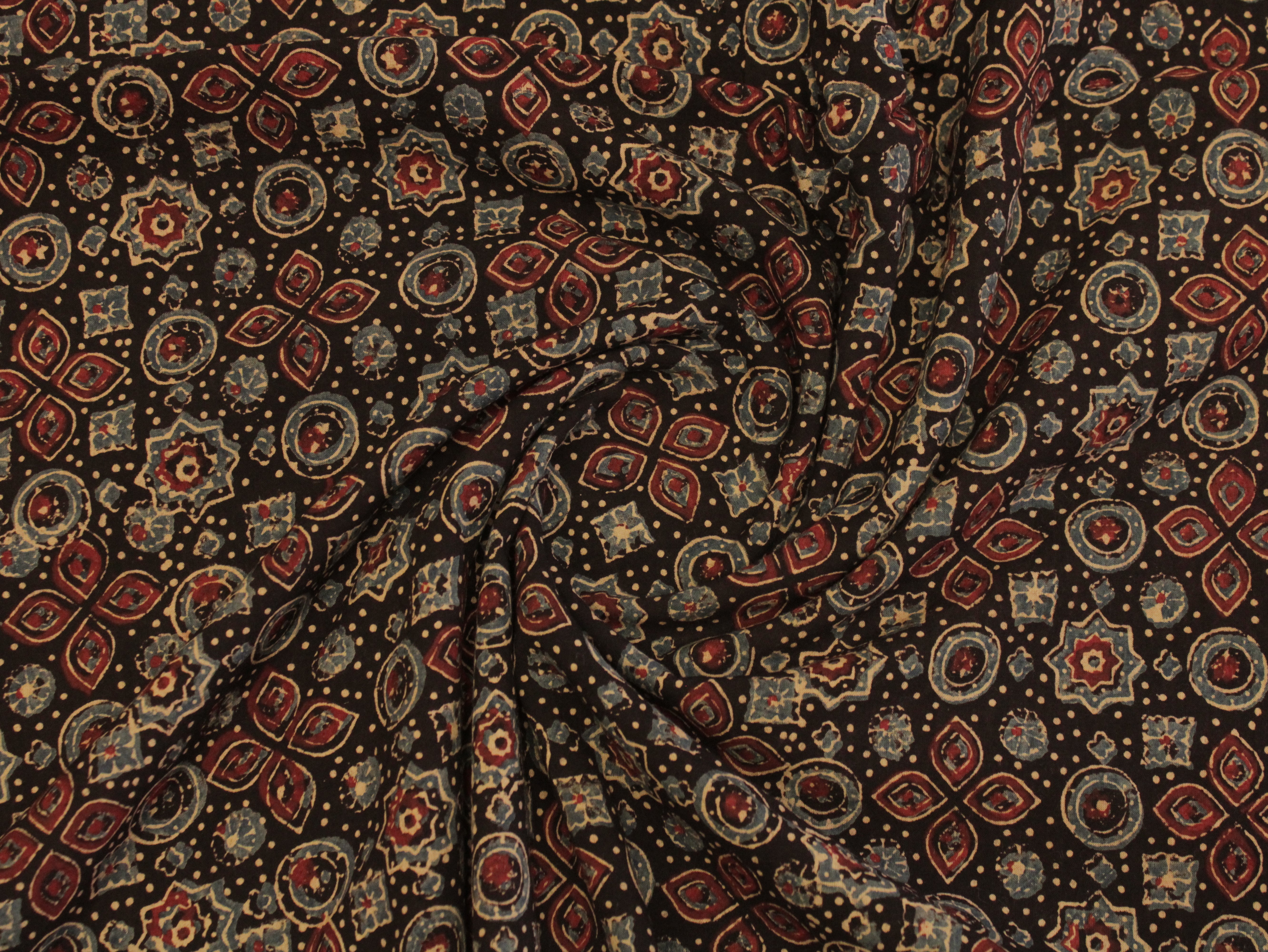 Premium Cotton Ajrakh Hand Block Print Fabric - Black