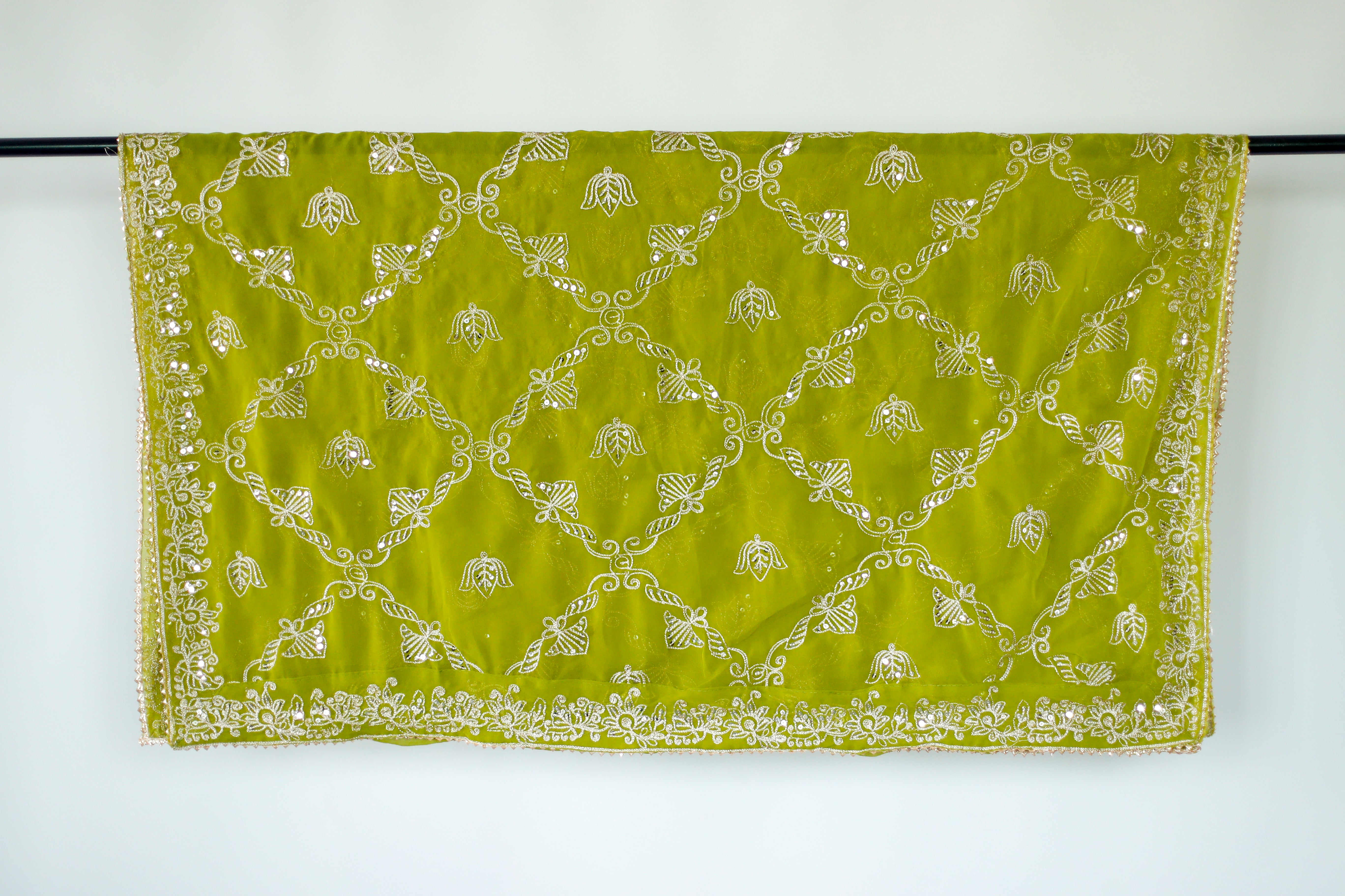 Fox Georgette Vintage Zari Work Dupatta - Light Mehendi Green