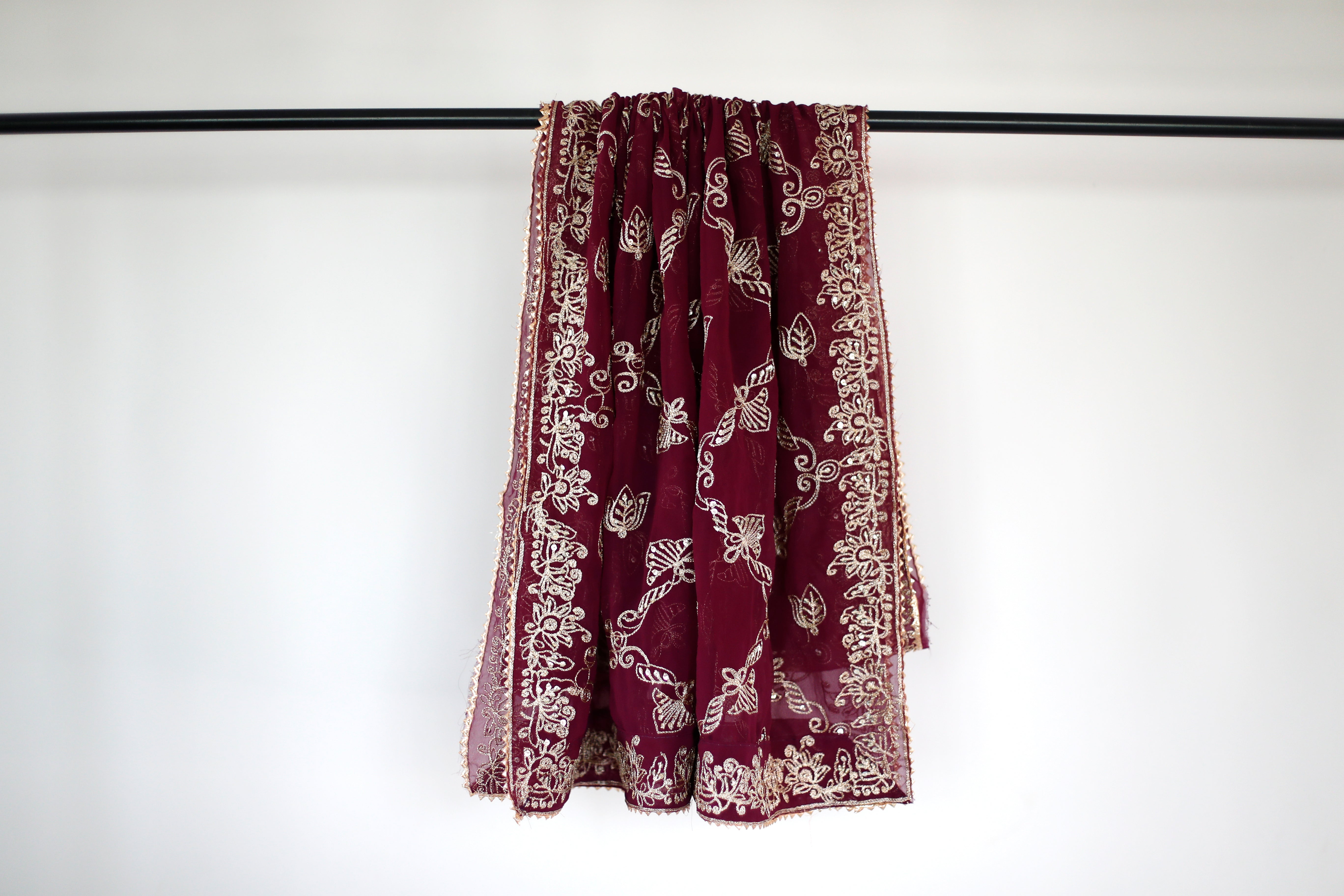 Fox Georgette Vintage Zari Work Dupatta - Wine