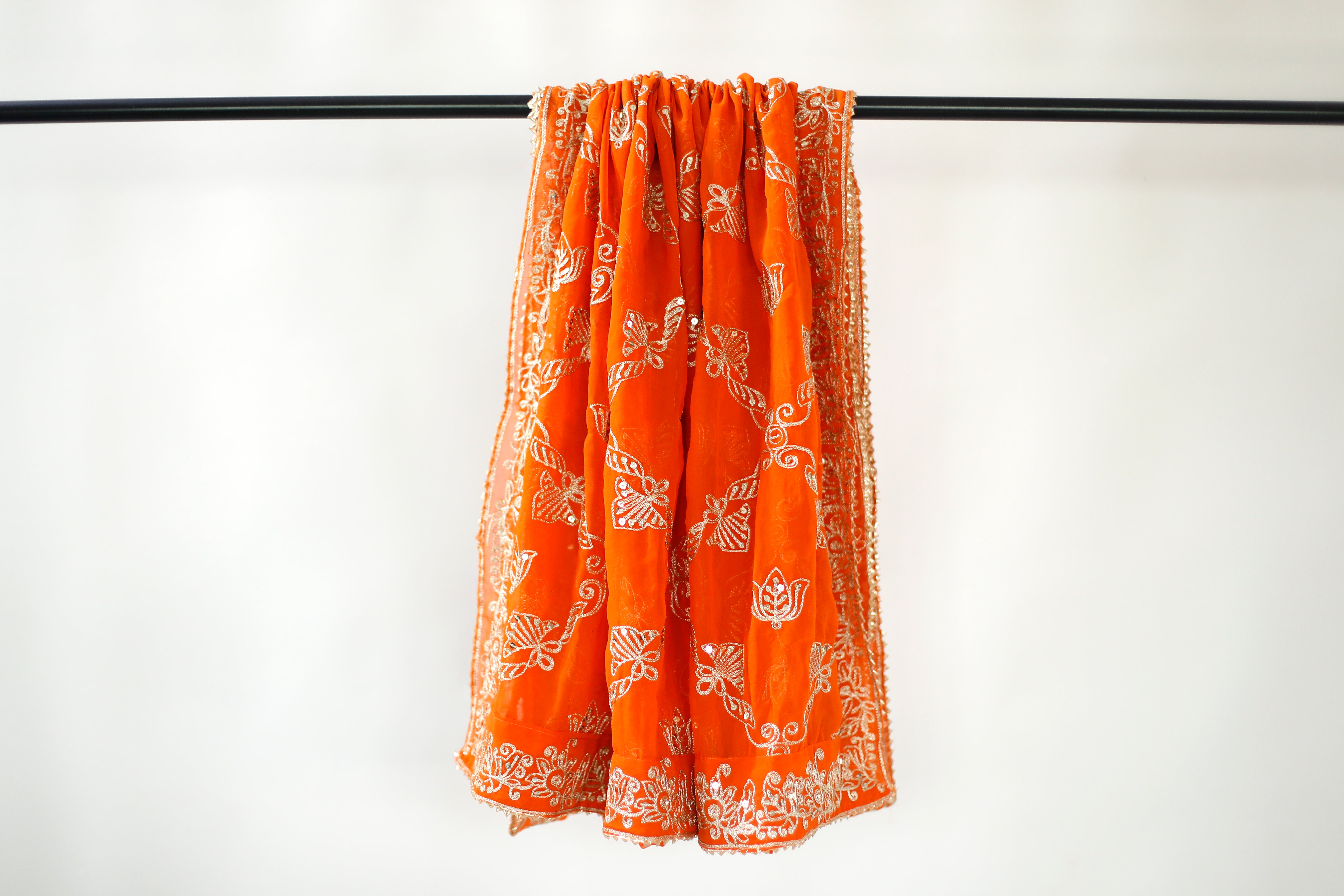 Fox Georgette Vintage Zari Work Dupatta - Orange