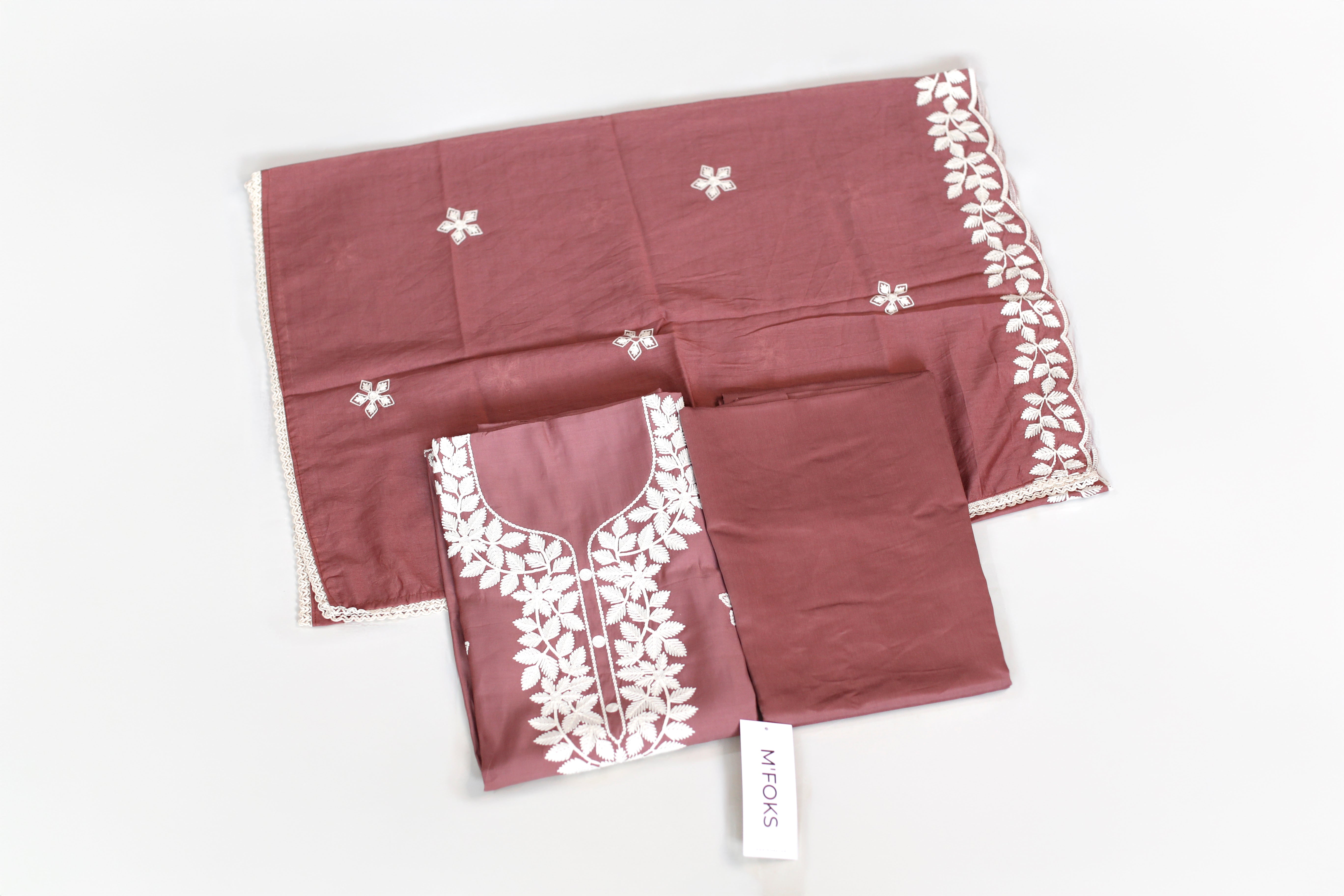 Chanderi Silk White Thread Lucknawi Unstitched Suit - M'Foks