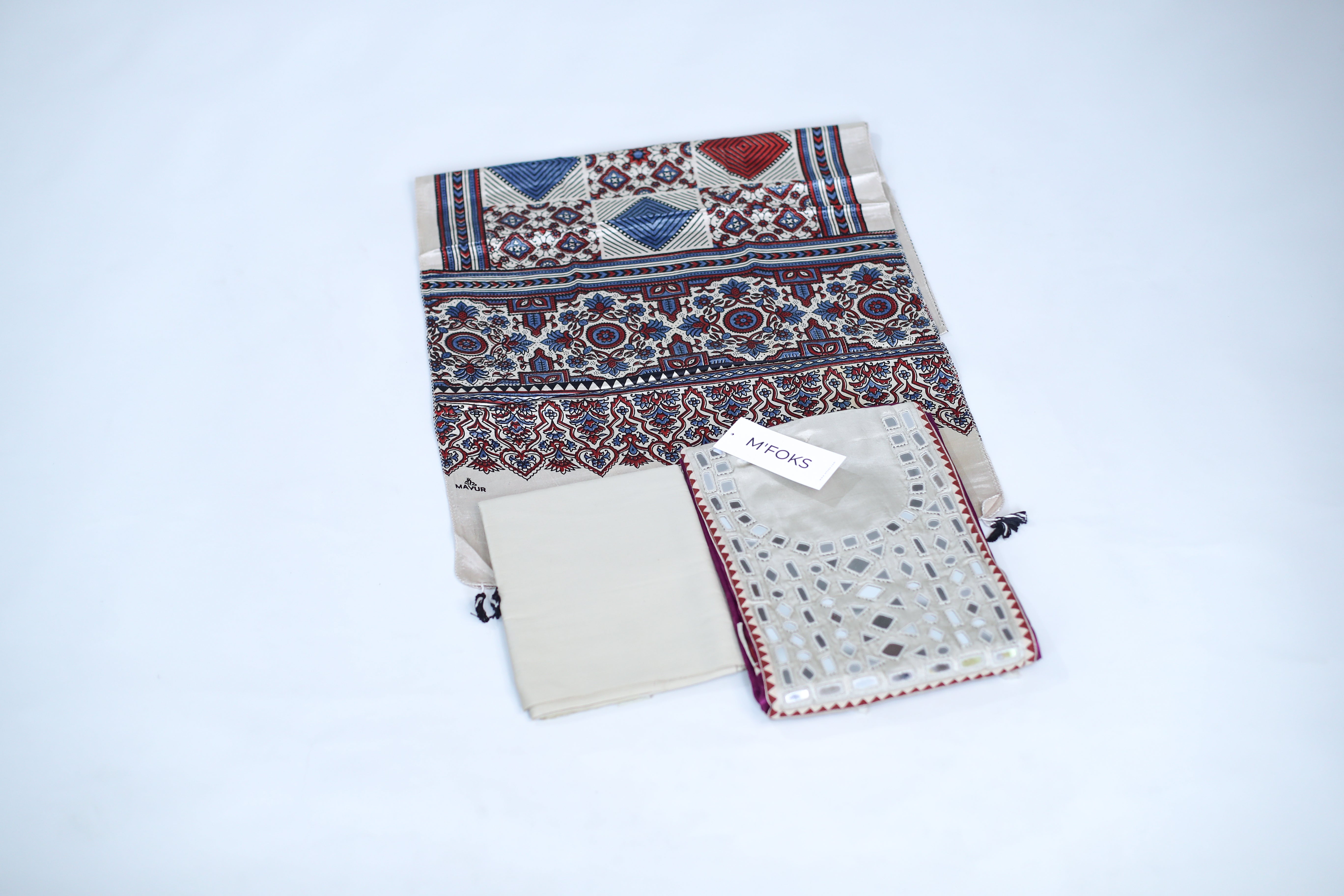 Premium Gaji Silk Unstitched Suit Set with Ajrakh Block Print Dupatta