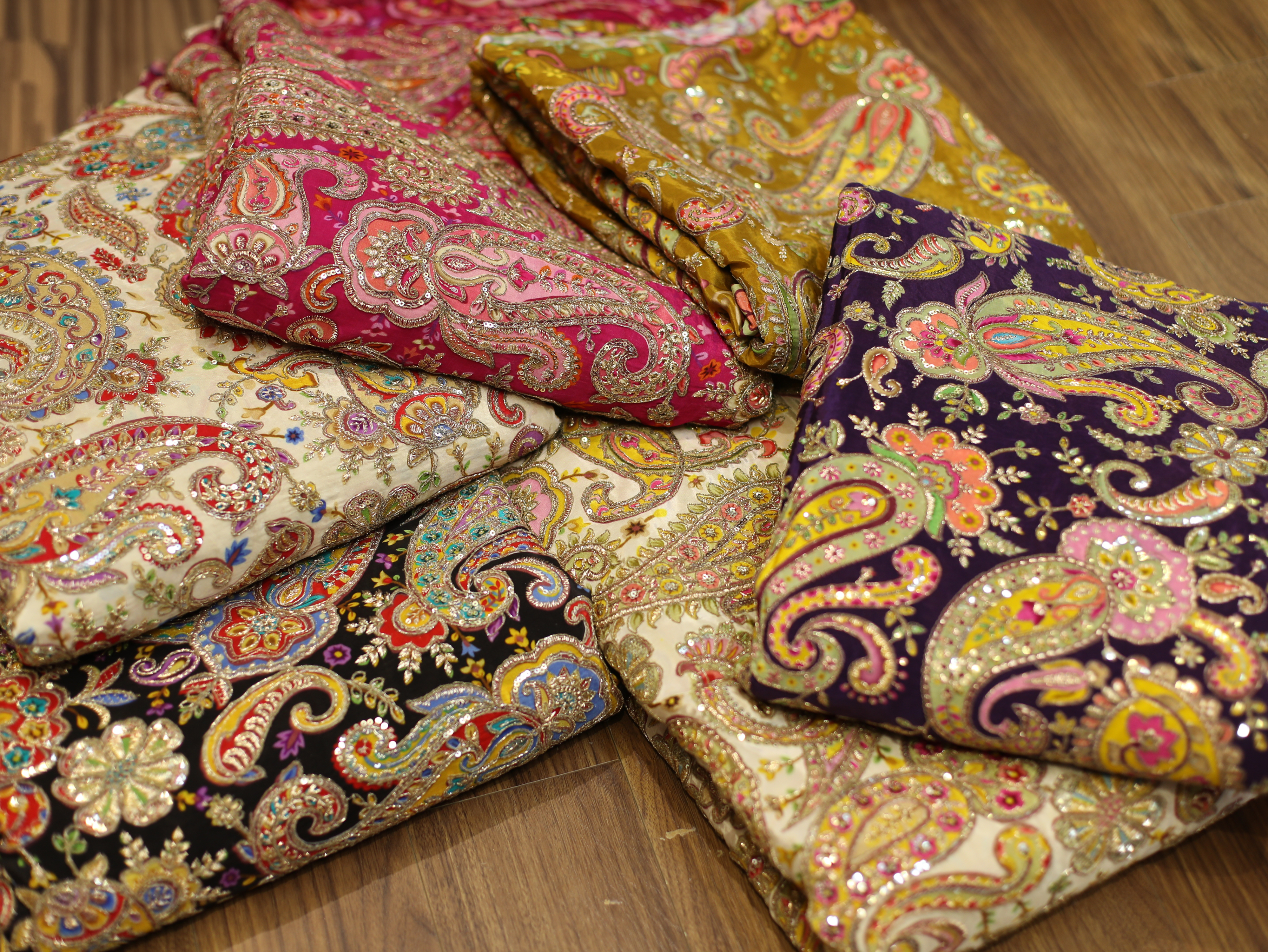 Natural Crepe Fabric — Position & Cording Work | Large Paisley Design | Multicolour | 44 Inch