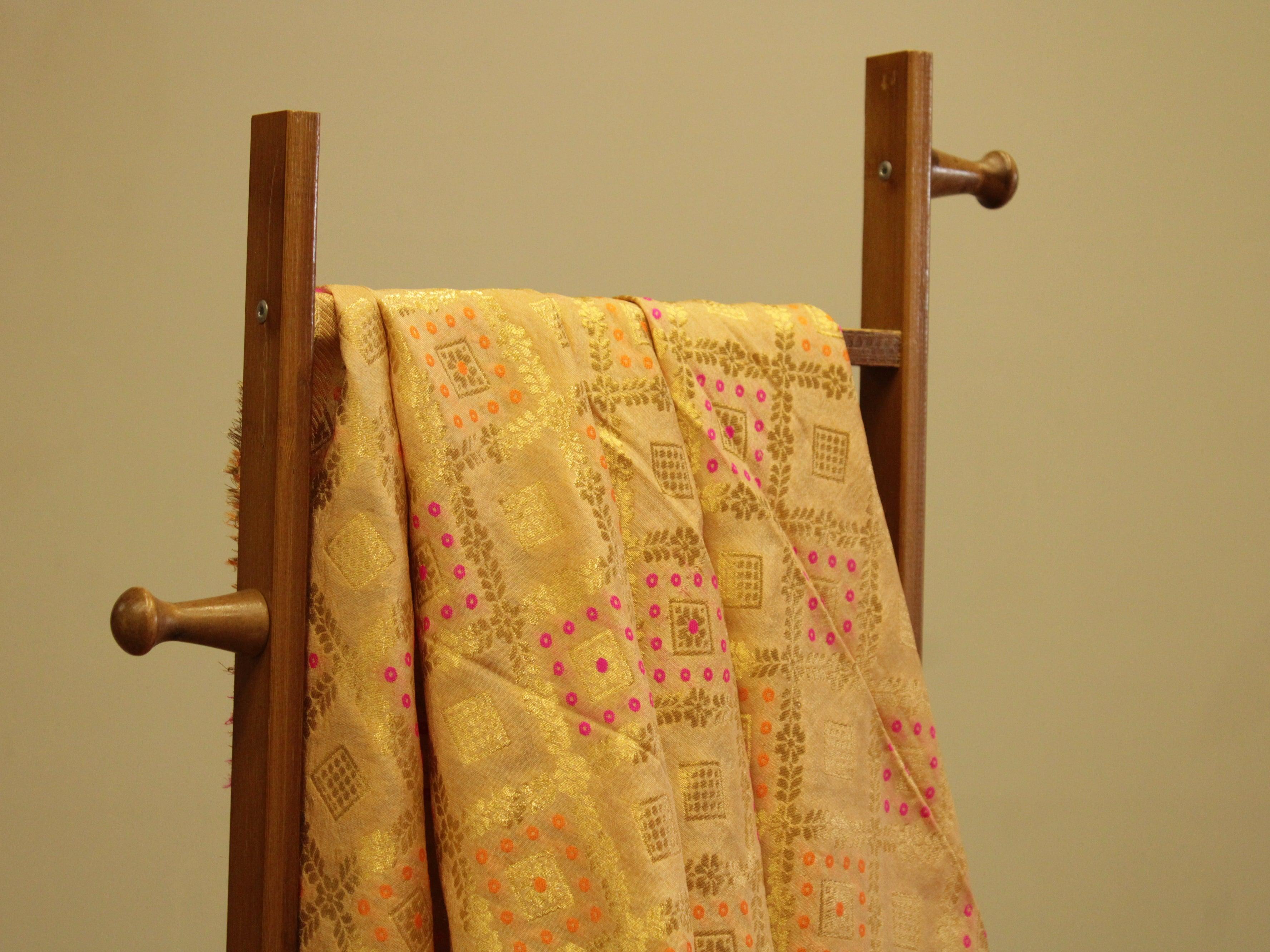 Banarasi Bandhini Brocade Fabric - Golden - M'Foks