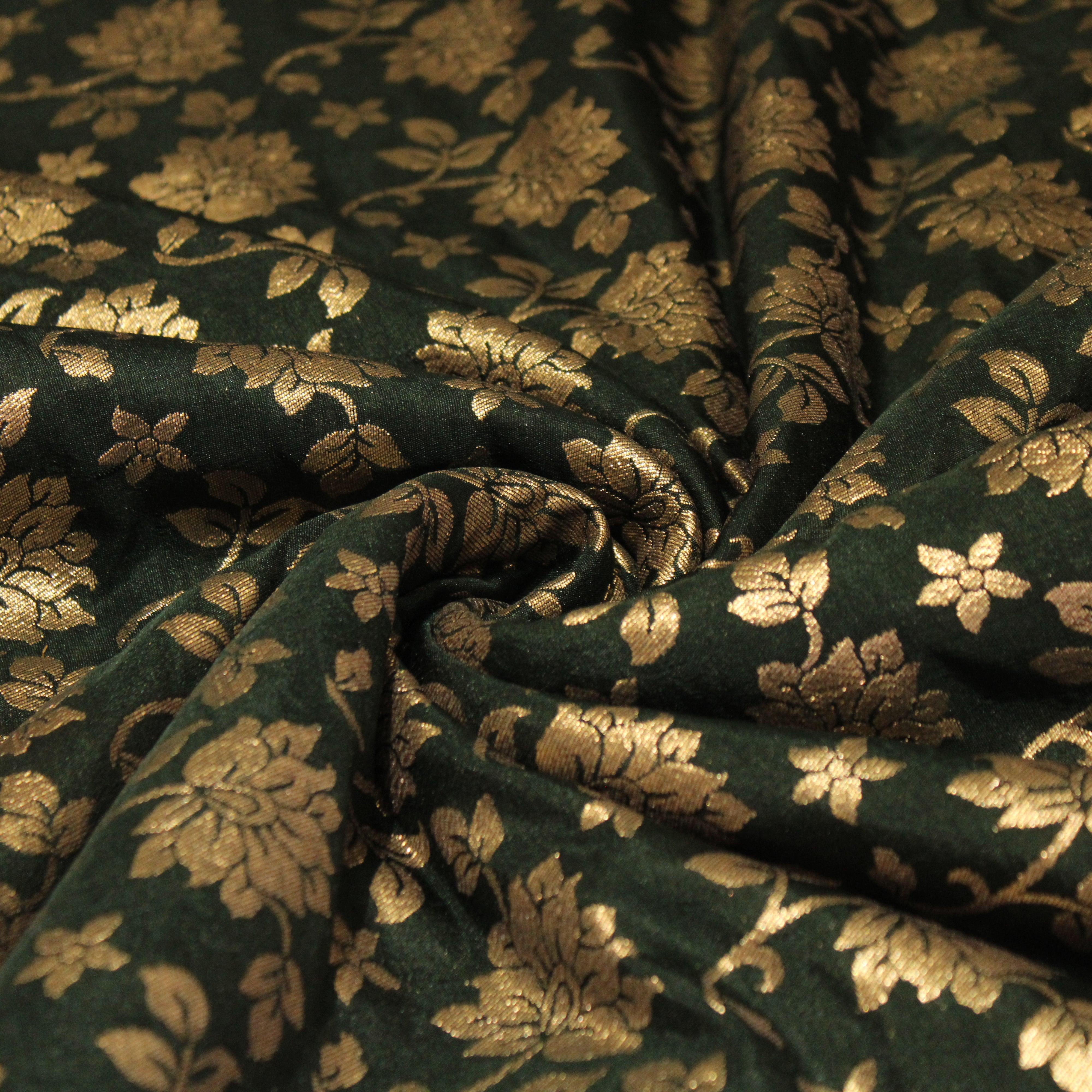 Banarasi Dola Silk Floral Brocade Fabric : Dark Green - M'Foks