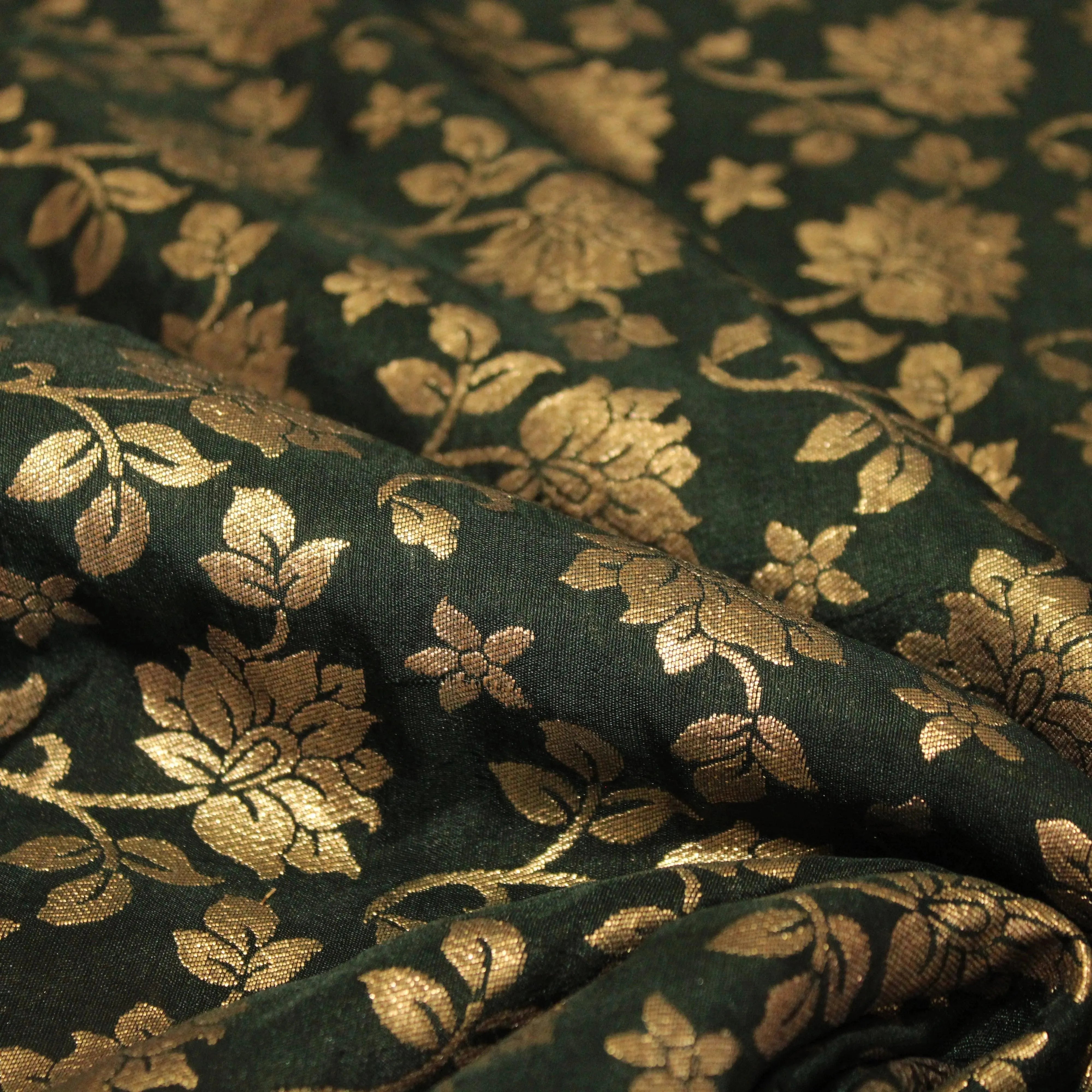 Banarasi Dola Silk Floral Brocade Fabric : Dark Green - M'Foks