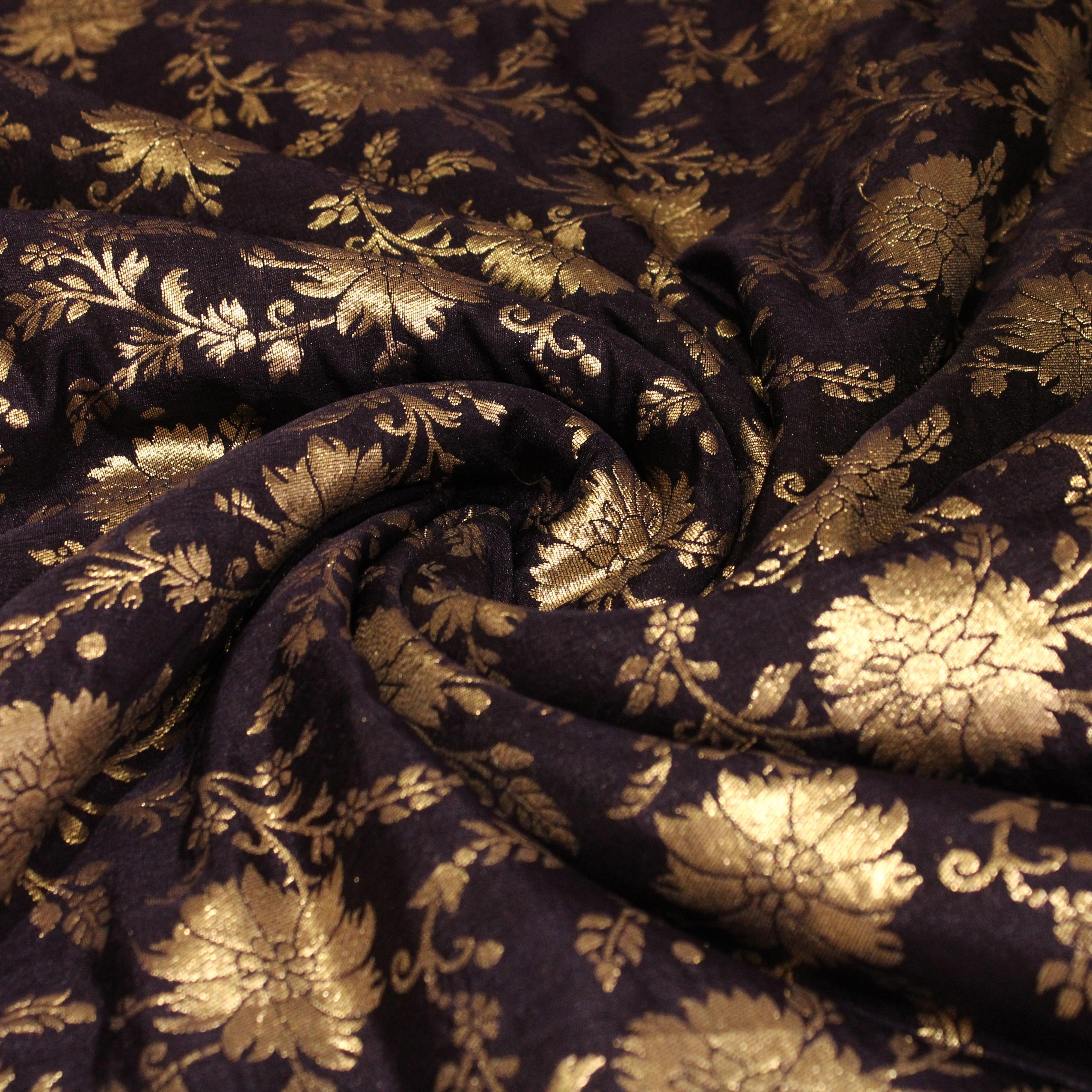 Banarasi Dola Silk Floral Brocade Fabric : Navy Blue - M'Foks