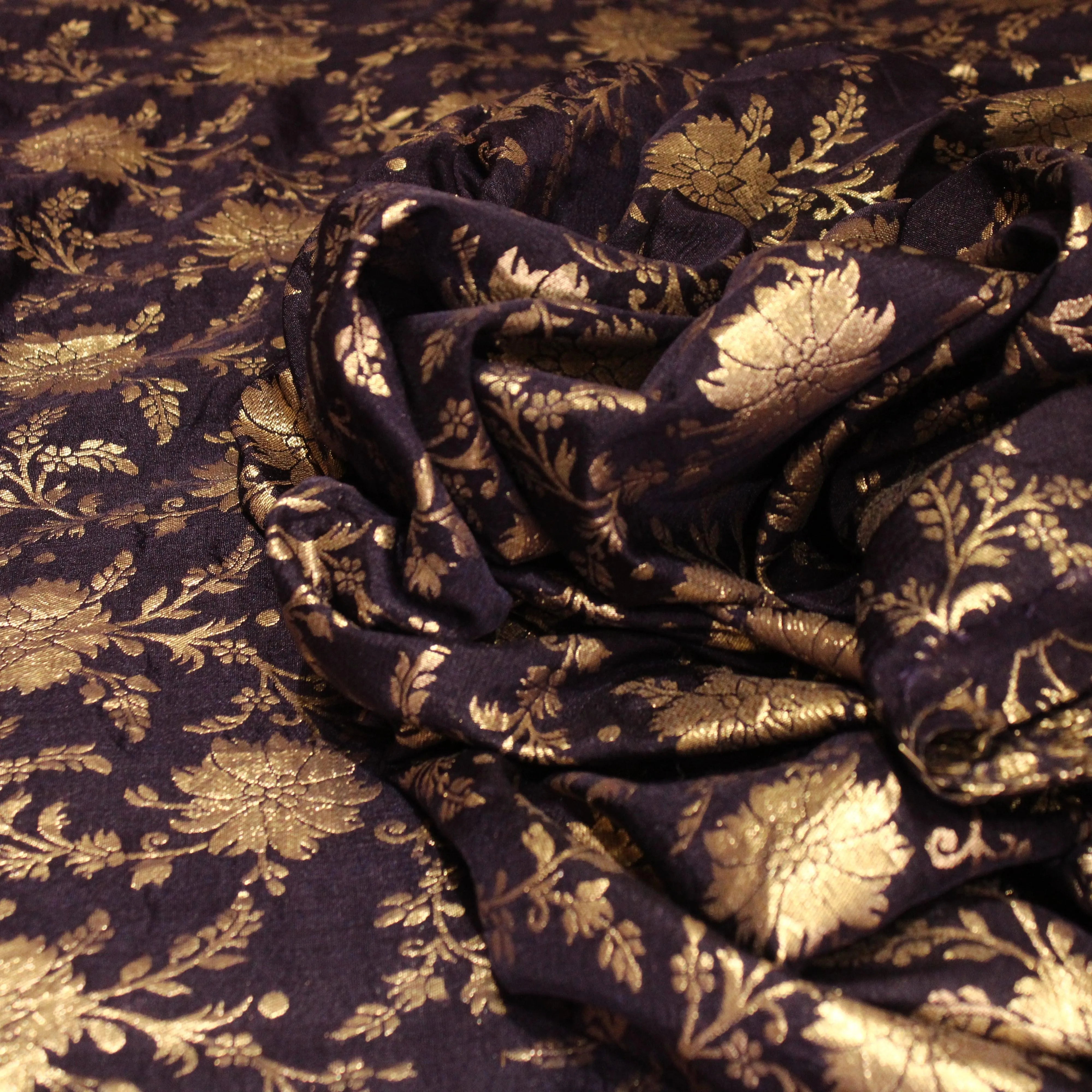 Banarasi Dola Silk Floral Brocade Fabric : Navy Blue - M'Foks