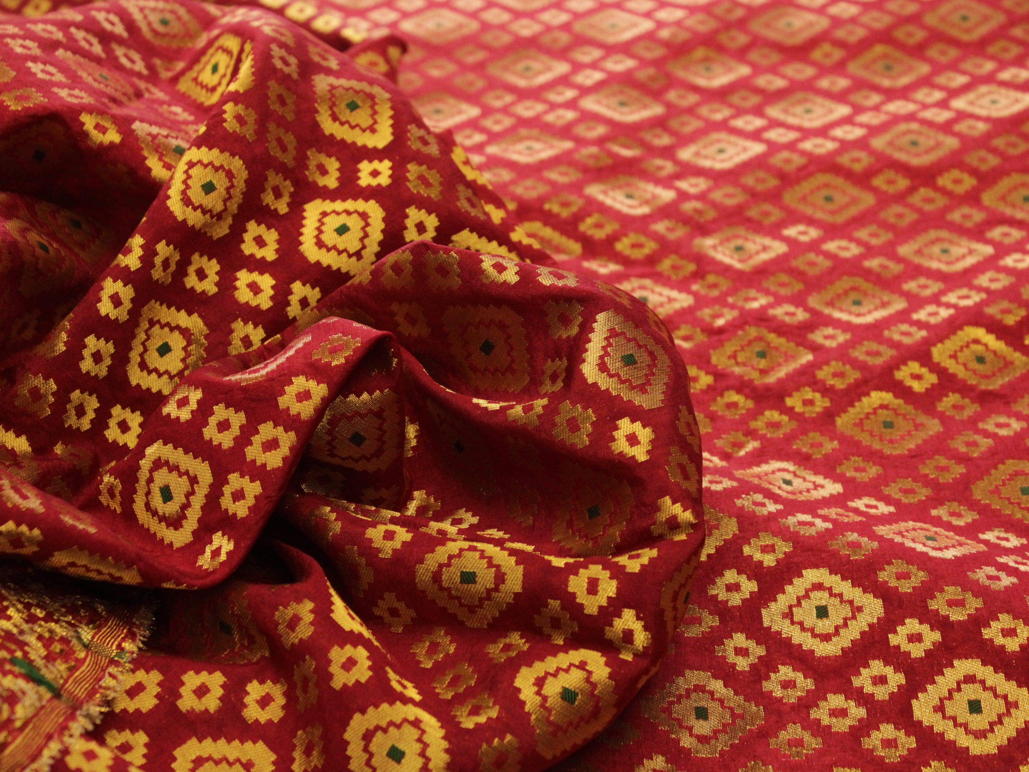 Banarasi Patola Brocade Fabric - Maroon - M'Foks