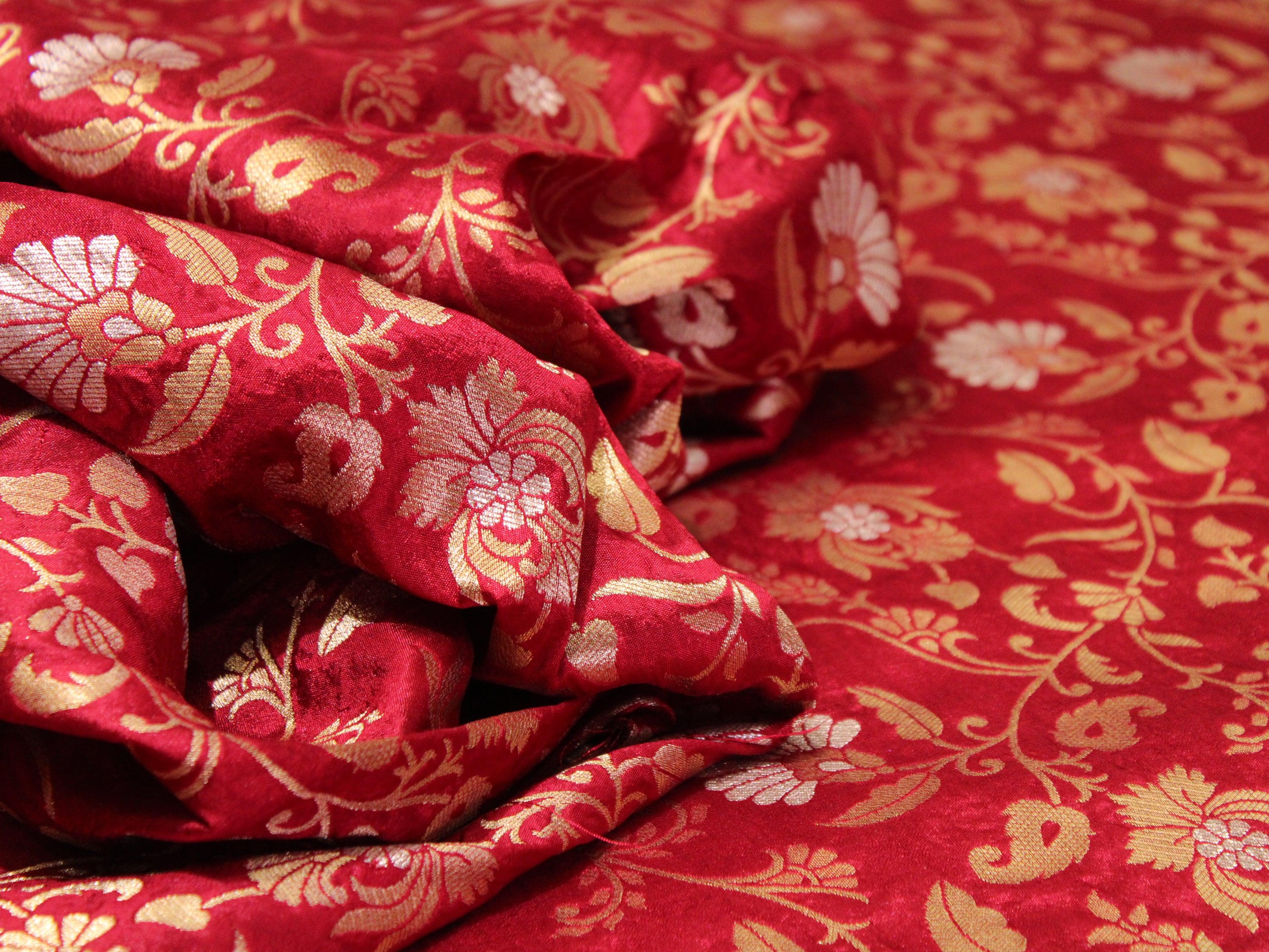 Banarsi Floral Brocade Fabric - Maroon - M'Foks