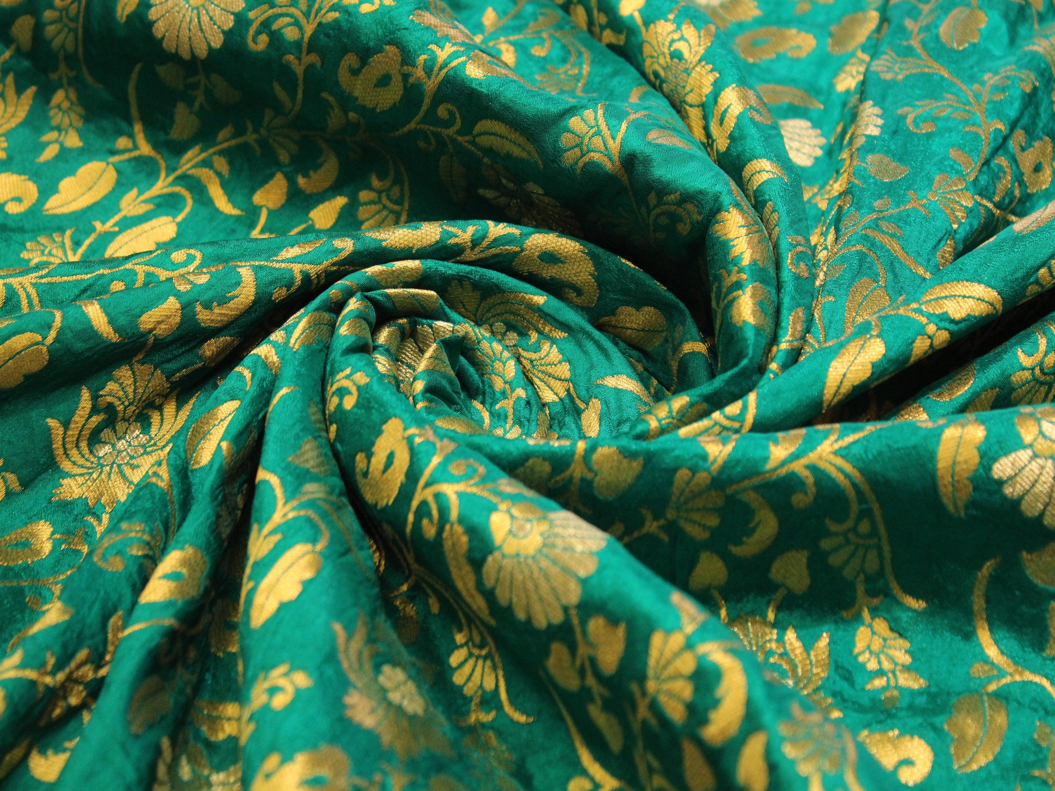 Banarsi Floral Brocade Fabric - Rama Green - M'Foks