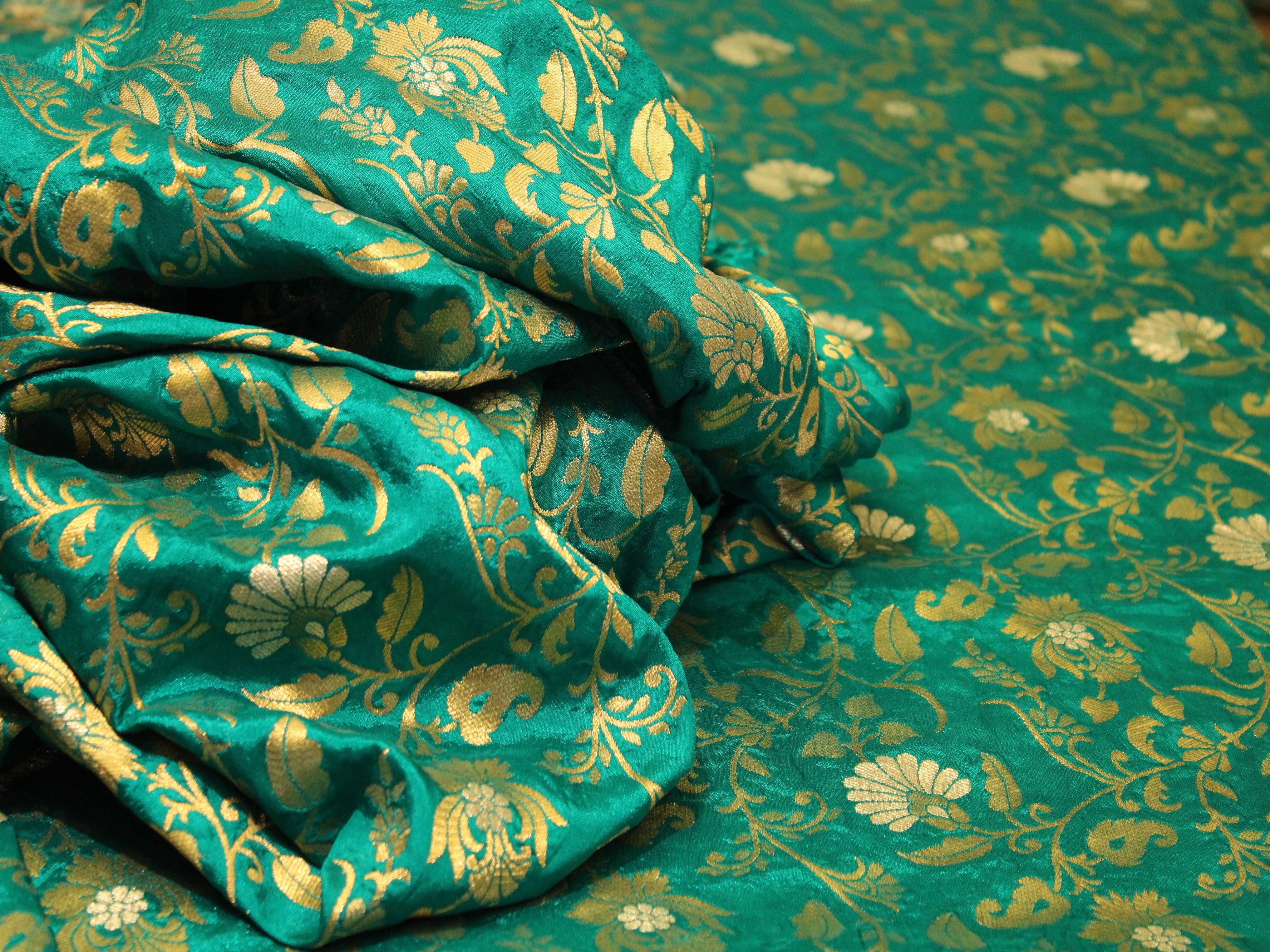 Banarsi Floral Brocade Fabric - Rama Green - M'Foks