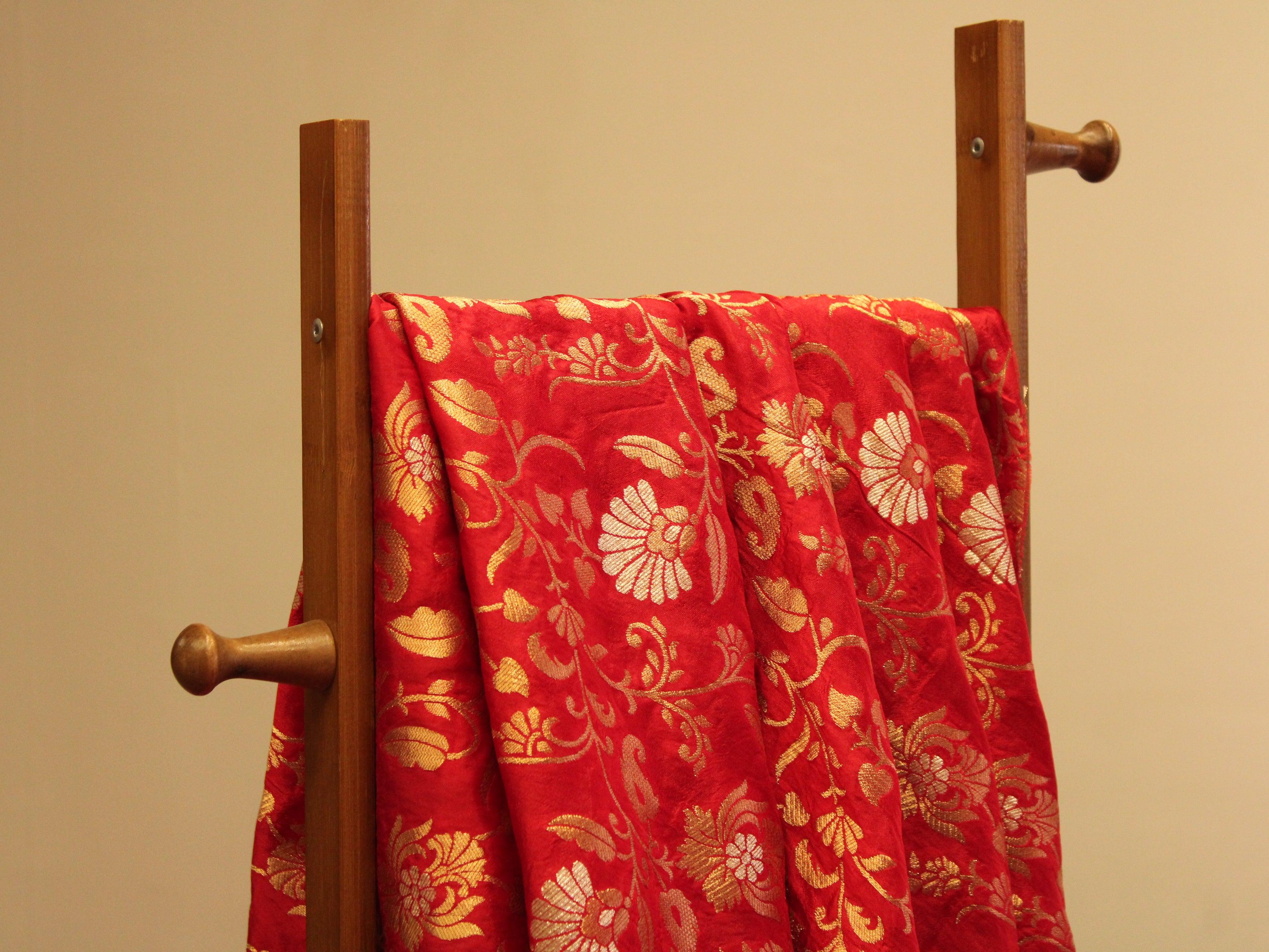 Banarsi Floral Brocade Fabric - Red - M'Foks