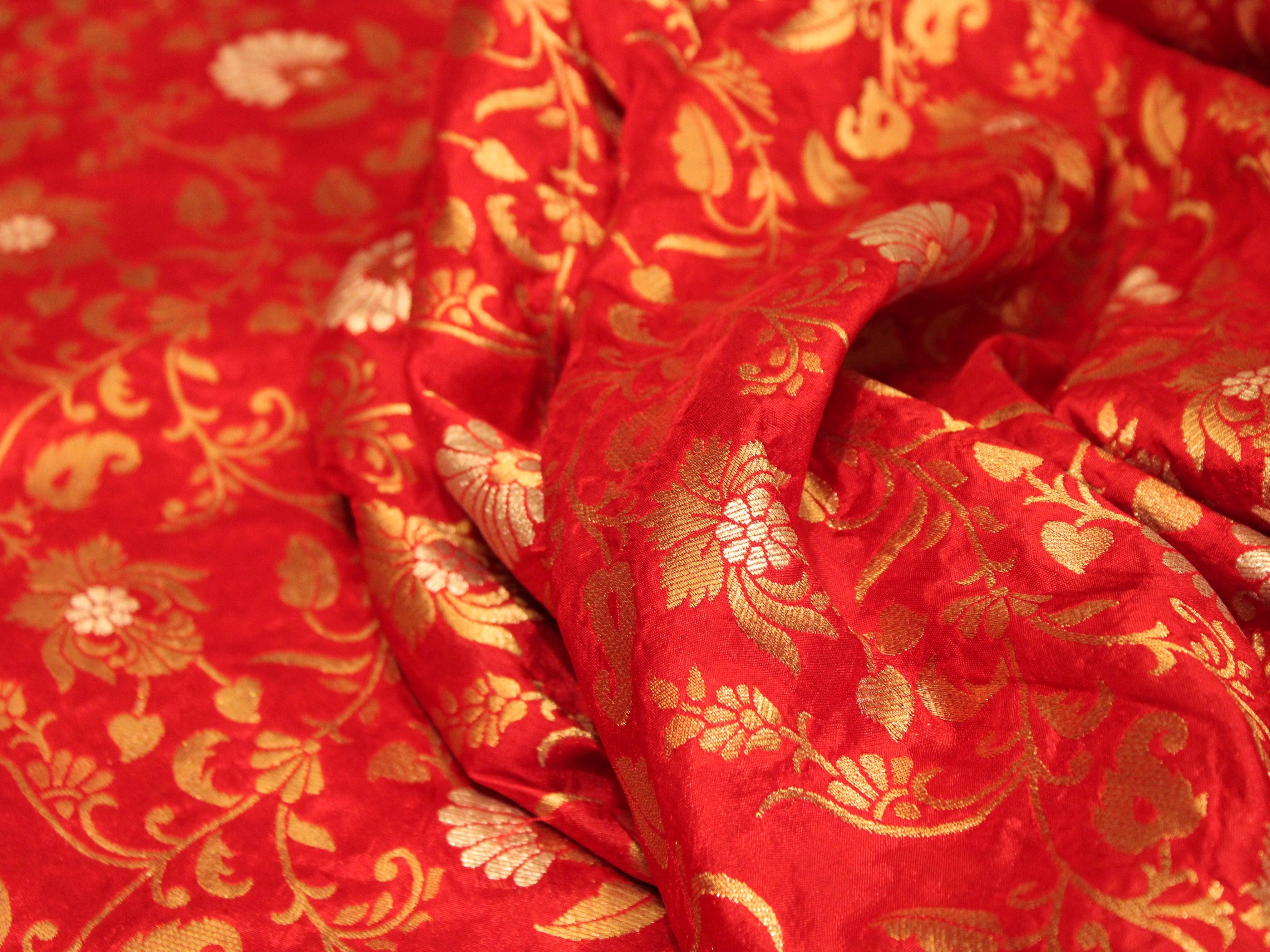 Banarsi Floral Brocade Fabric - Red - M'Foks