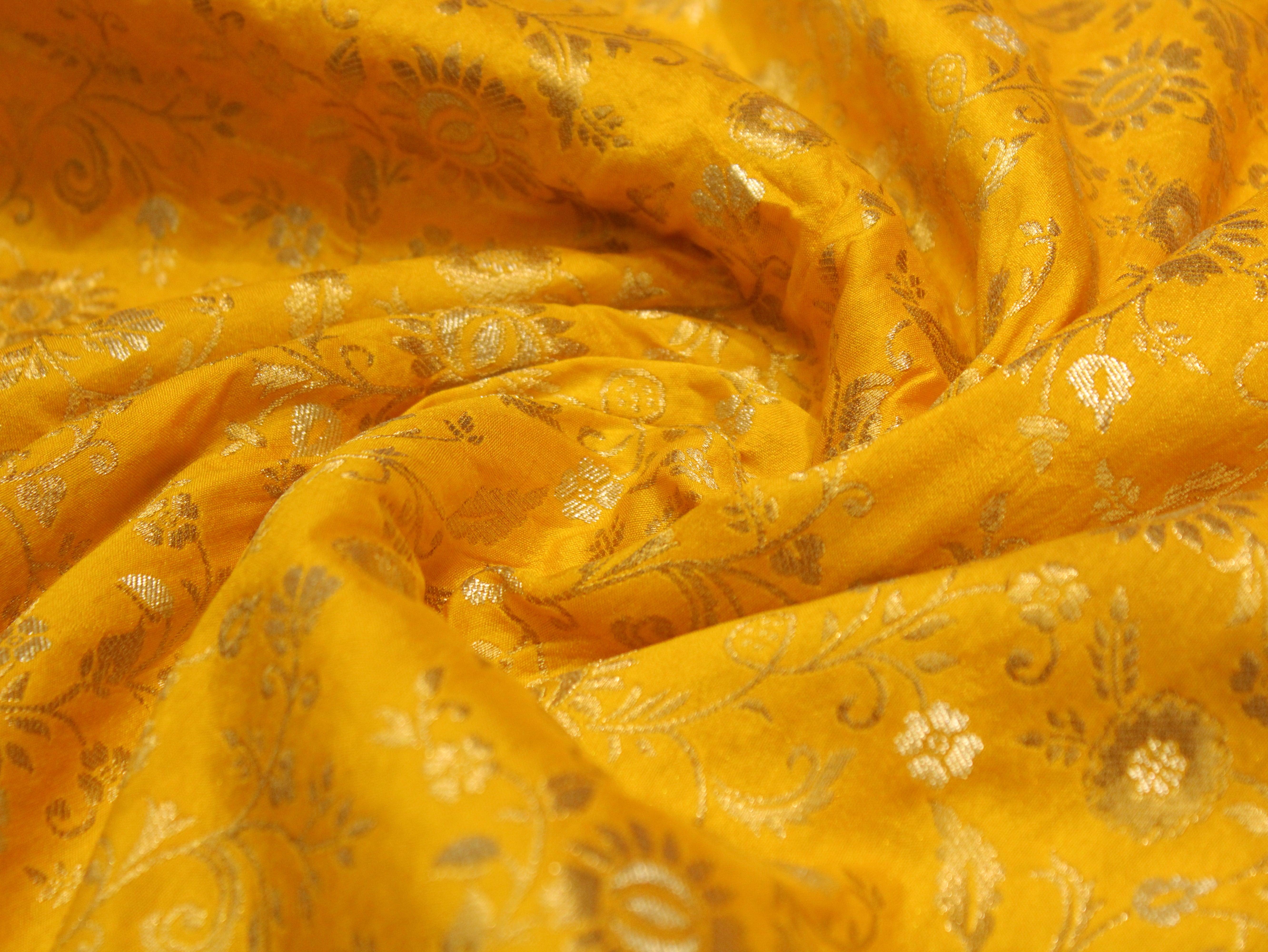 Banarsi Floral Brocade Fabric - Yellow - M'Foks