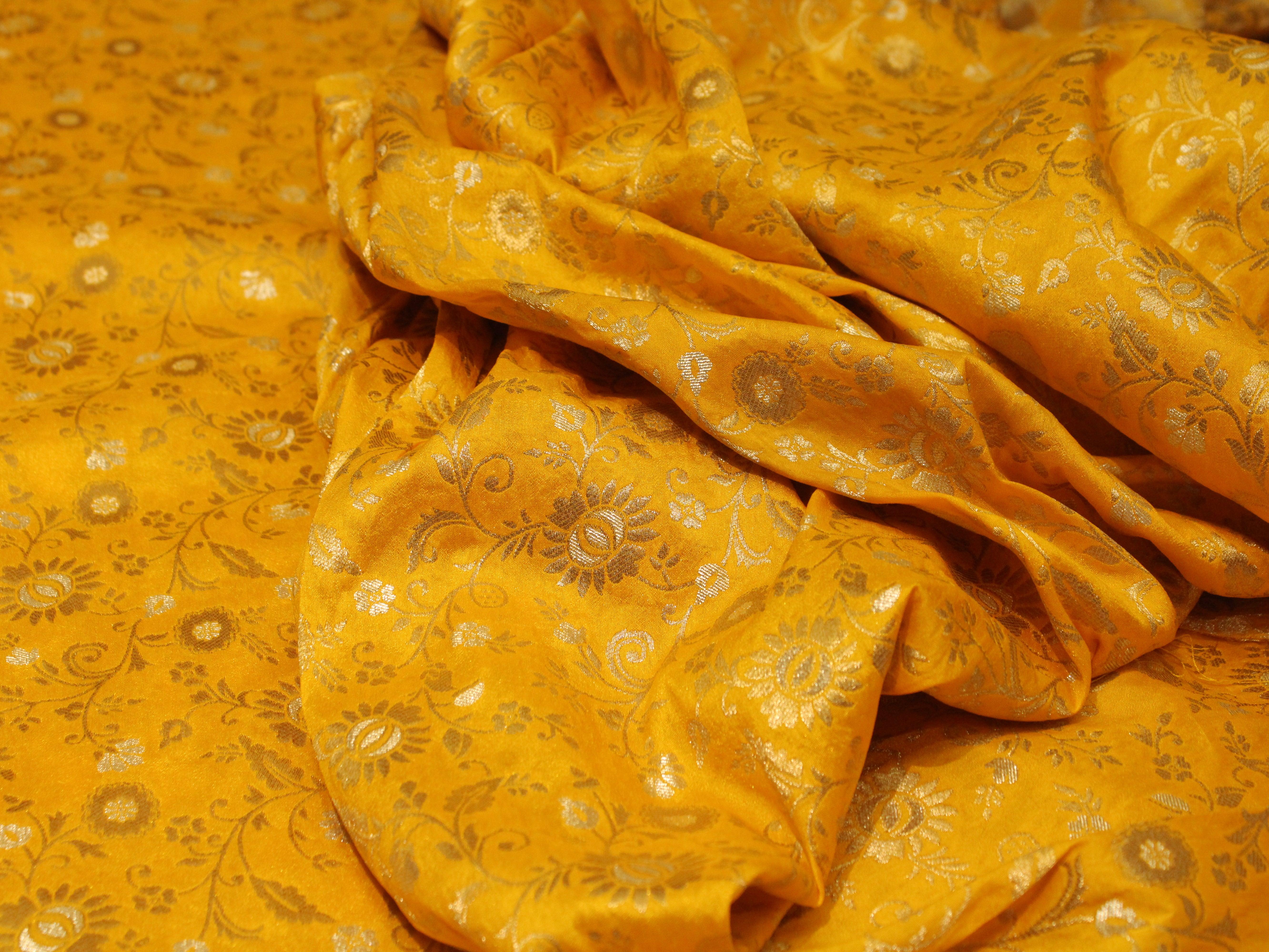 Banarsi Floral Brocade Fabric - Yellow - M'Foks