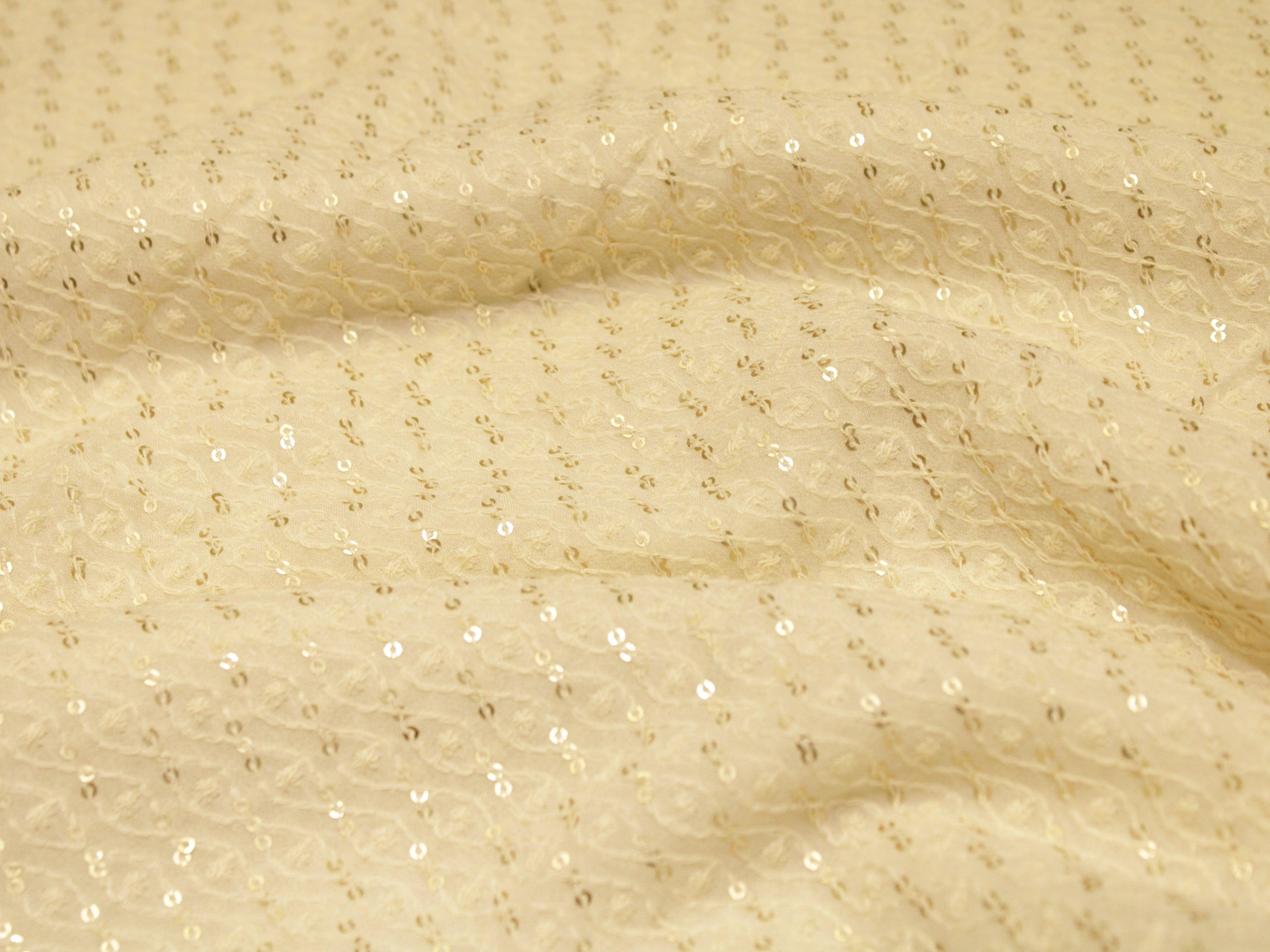 Bemberg Georgette Lucknawi Thread & Sequin Work Fabric - White Dyeable - M'Foks